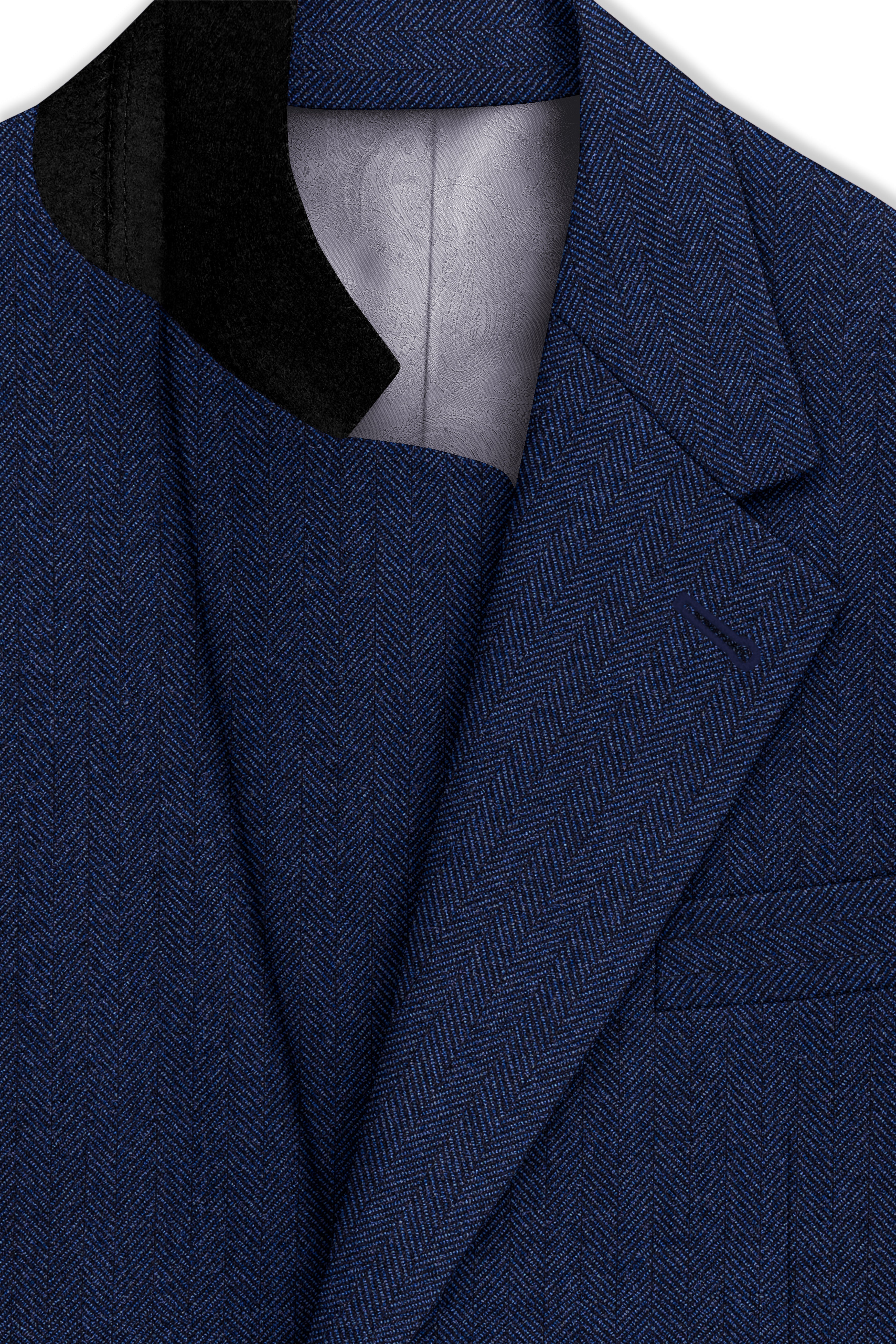 Aurevu-Vulcan Blue Herringbone Textured Tweed Single Breasted Overcoat
