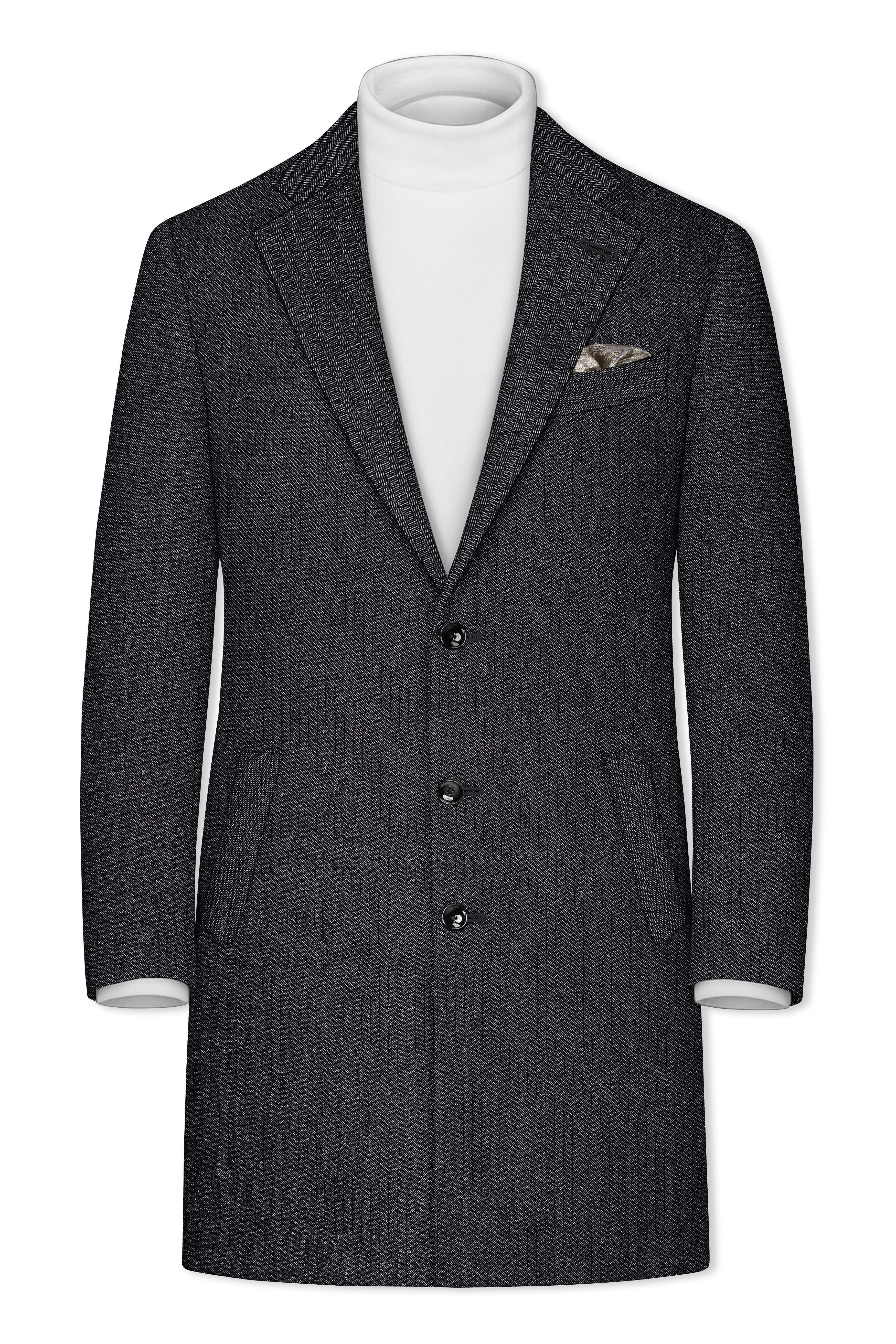 Imperion-Charcoal Gray Herringbone Textured Tweed Single Breasted Overcoat