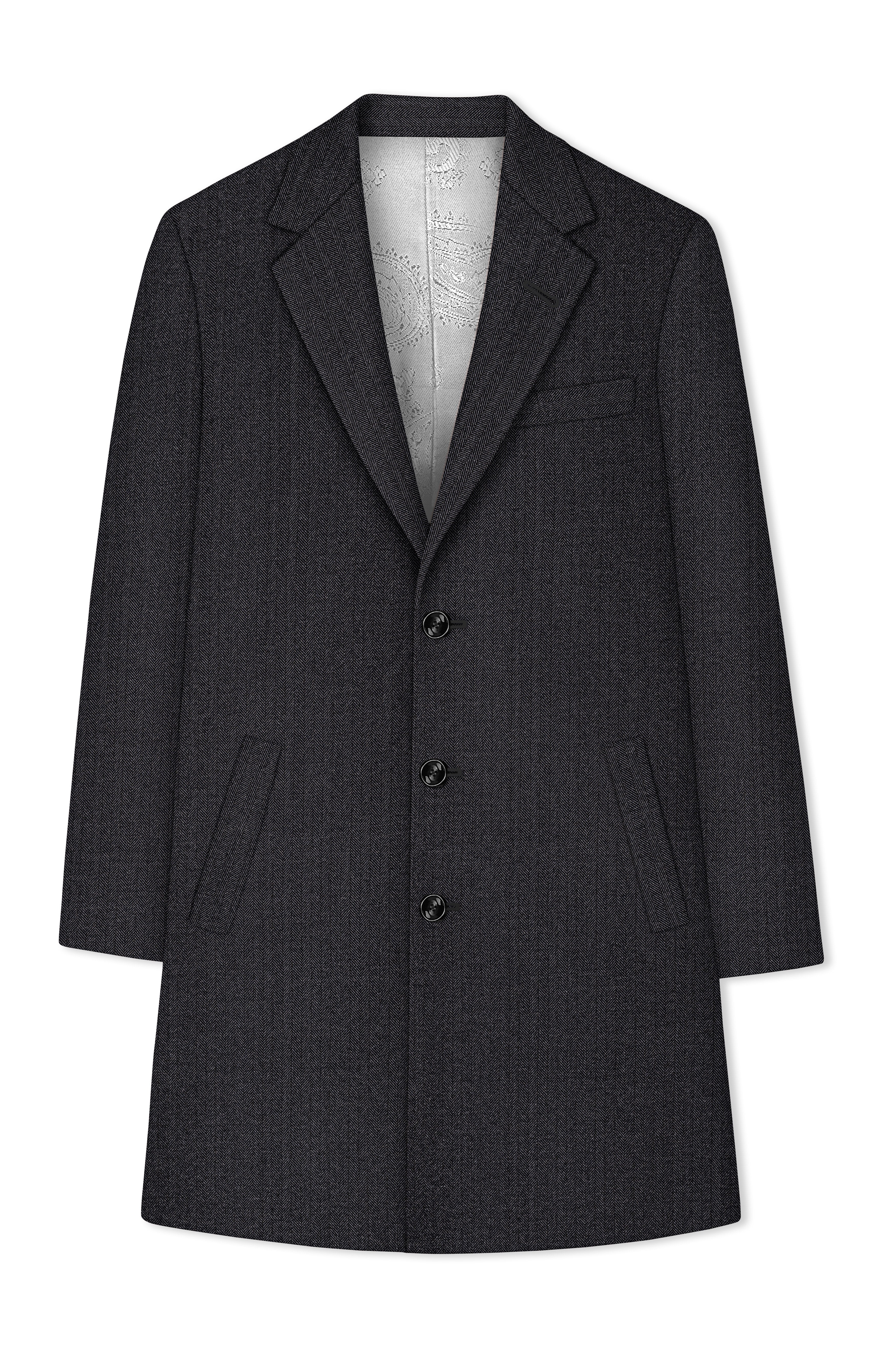 Imperion-Charcoal Gray Herringbone Textured Tweed Single Breasted Overcoat