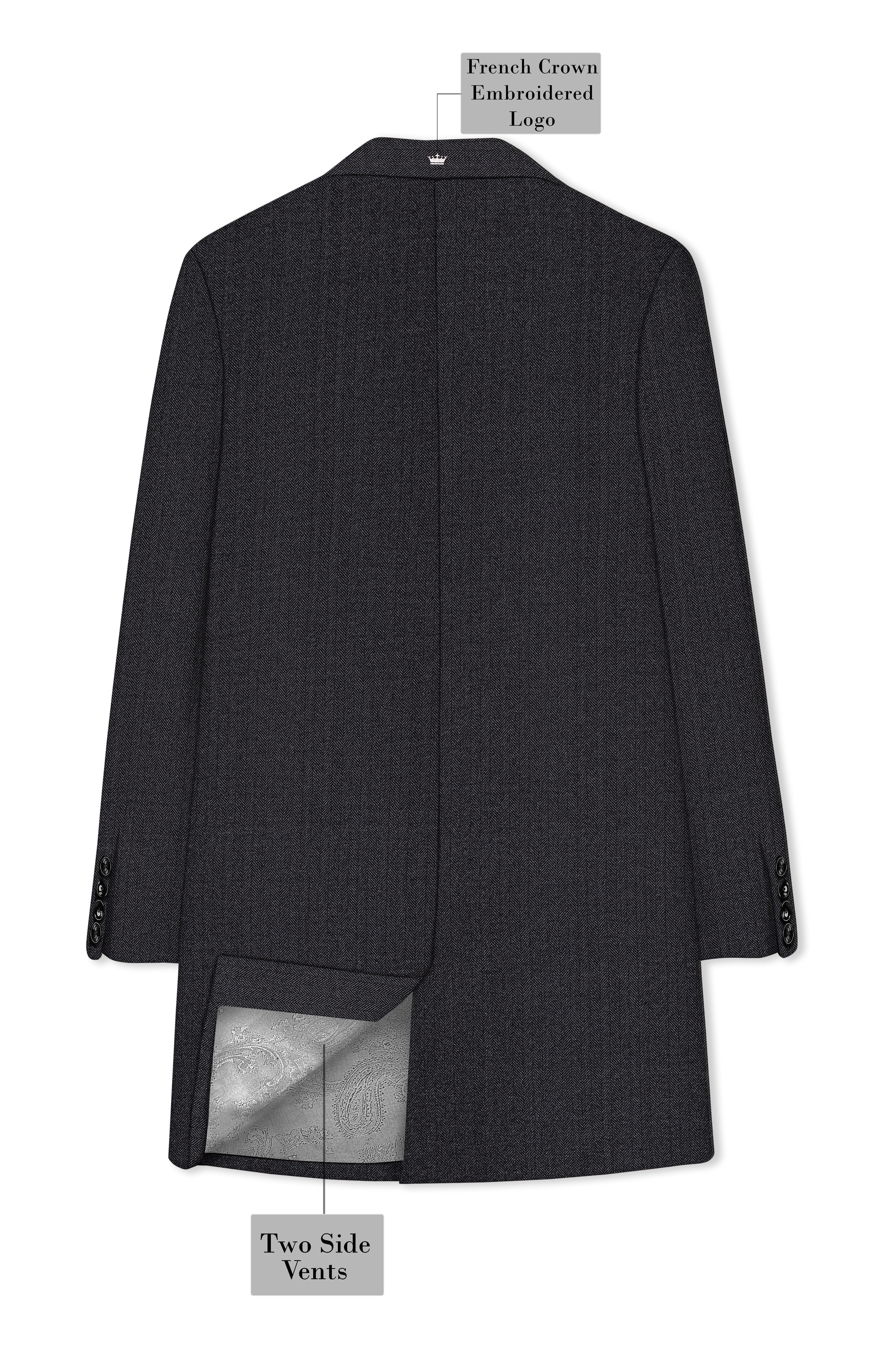 Imperion-Charcoal Gray Herringbone Textured Tweed Single Breasted Overcoat