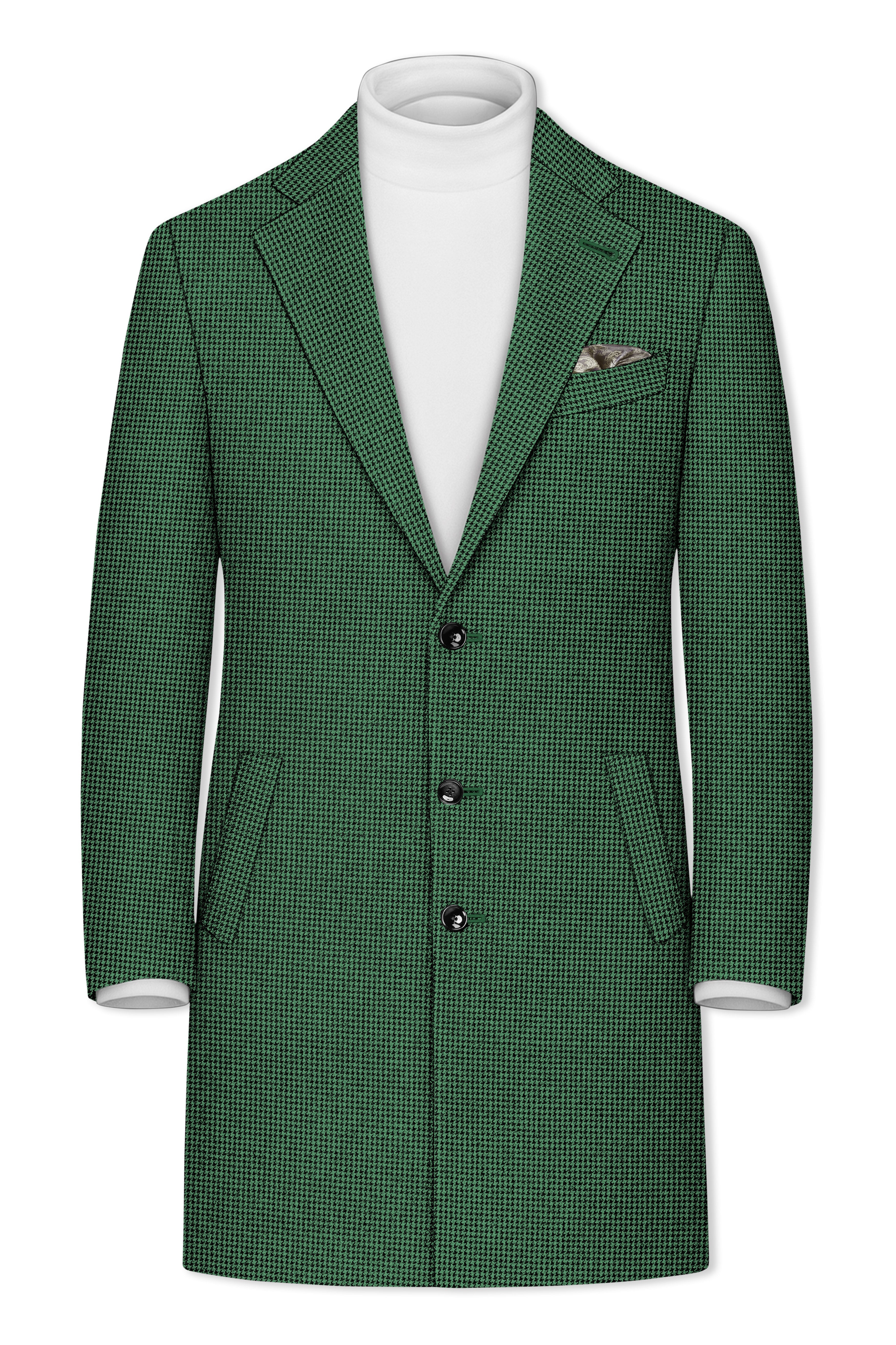 Regent-Plantation Green Classic Houndstooth Textured Tweed Single Breasted Overcoat