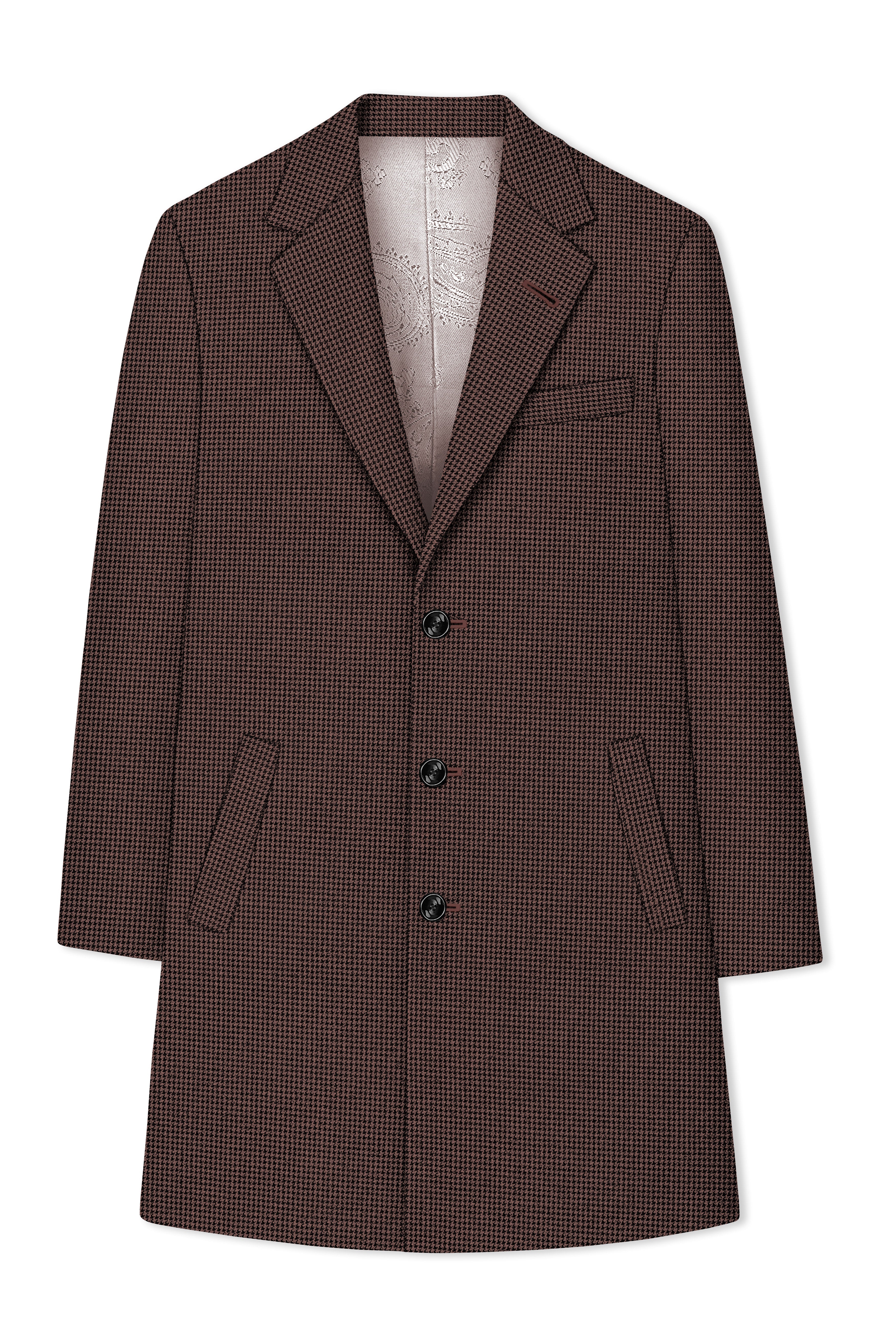 Sylvan-Woody Brown Classic Houndstooth Textured Tweed Single Breasted Overcoat