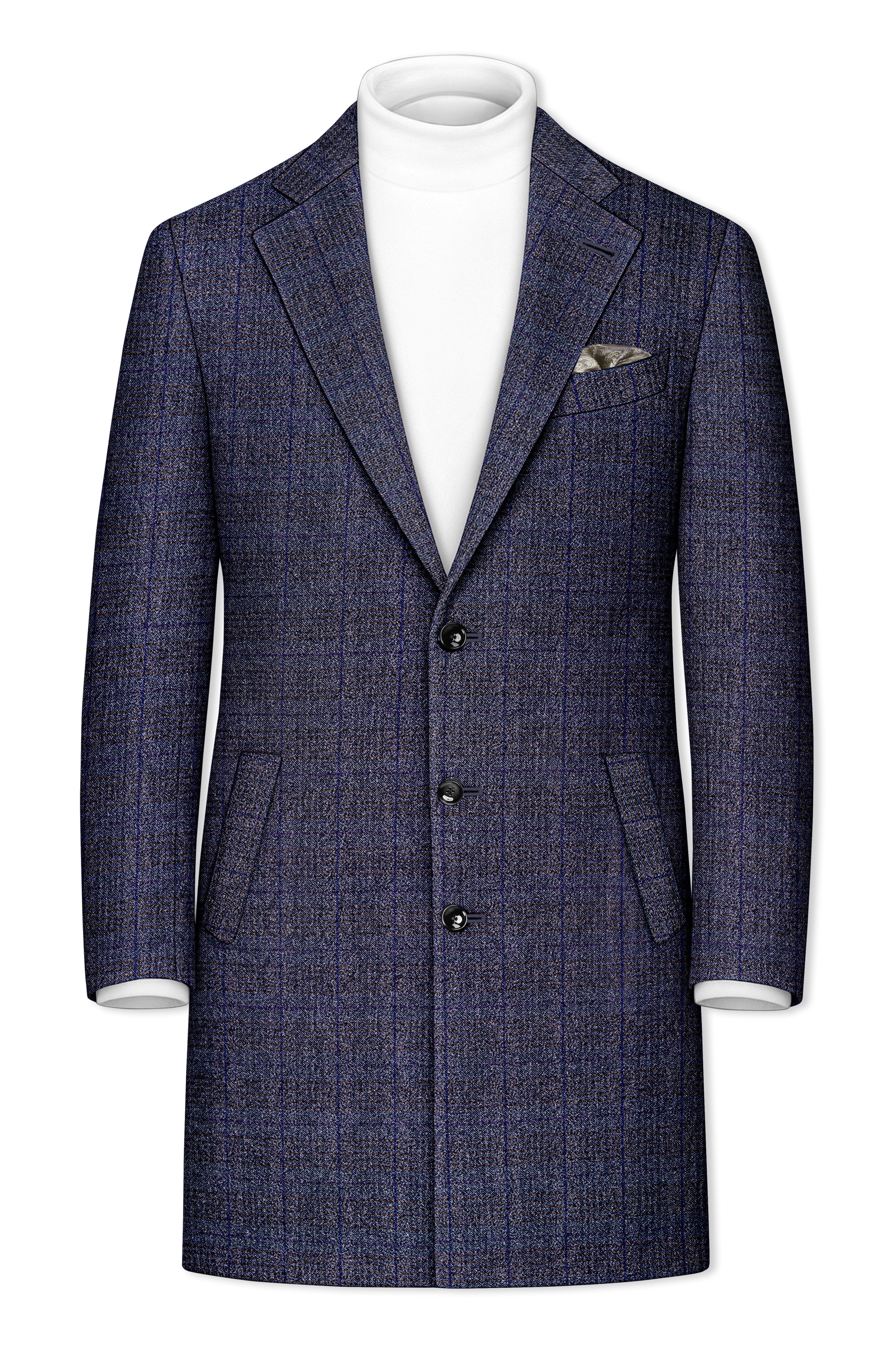 Horizon-Martinique Blue windowpane Tweed Single Breasted Overcoat
