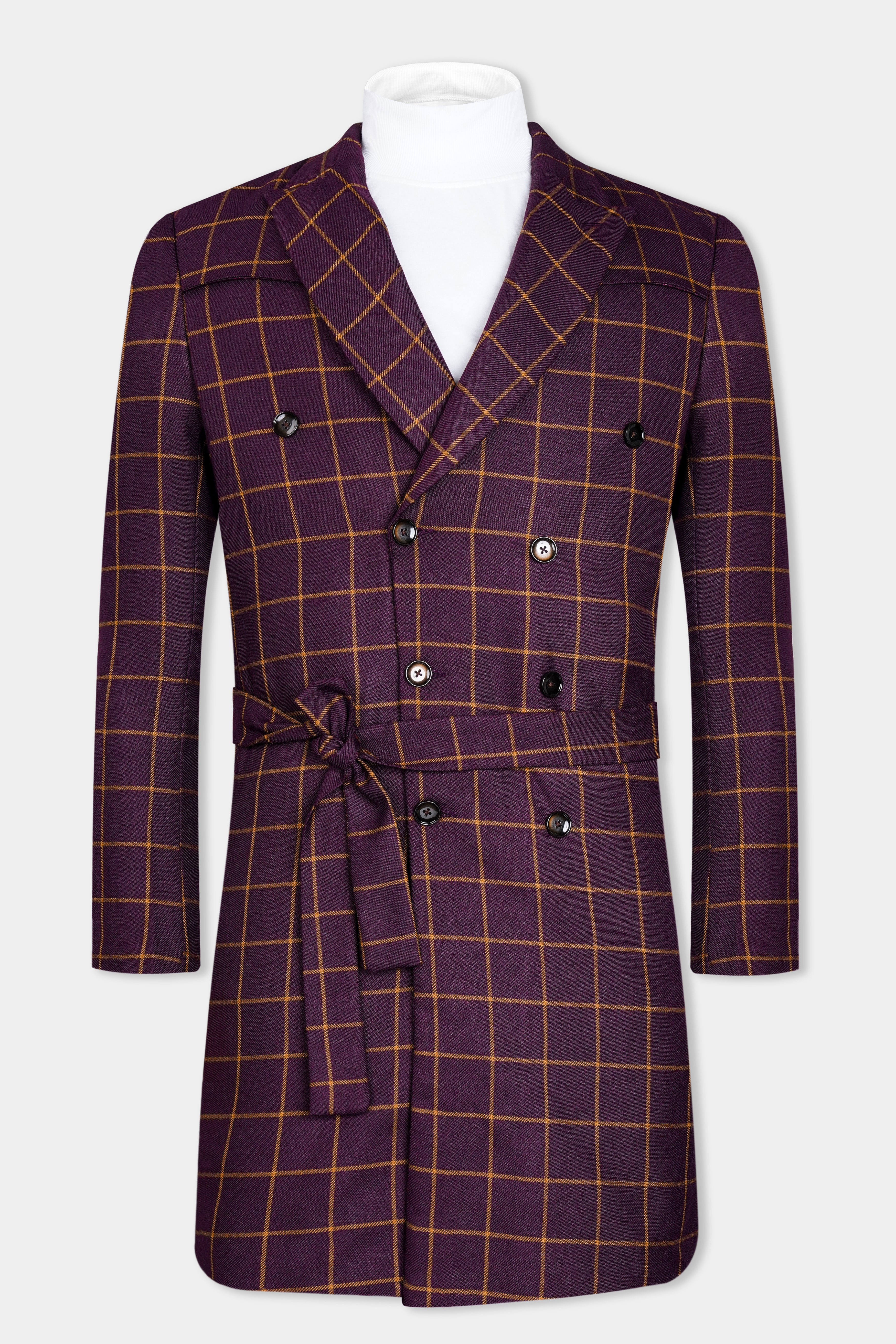 Eggplant Wine Windowpane Double Breasted Wool Rich Designer Trench Coat With Pant