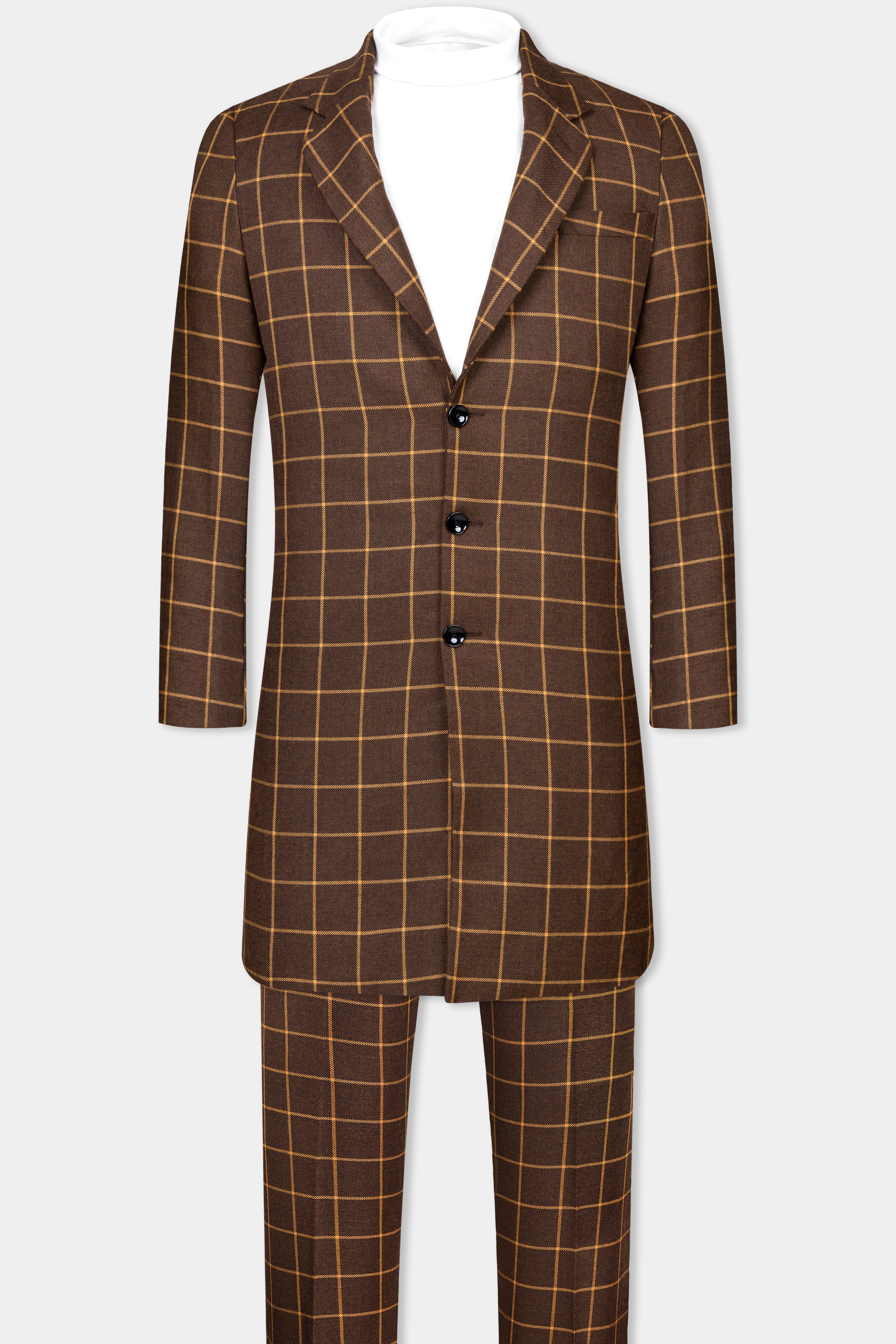 Eclipse Brown Windowpane Tweed Trench Coat With Pant