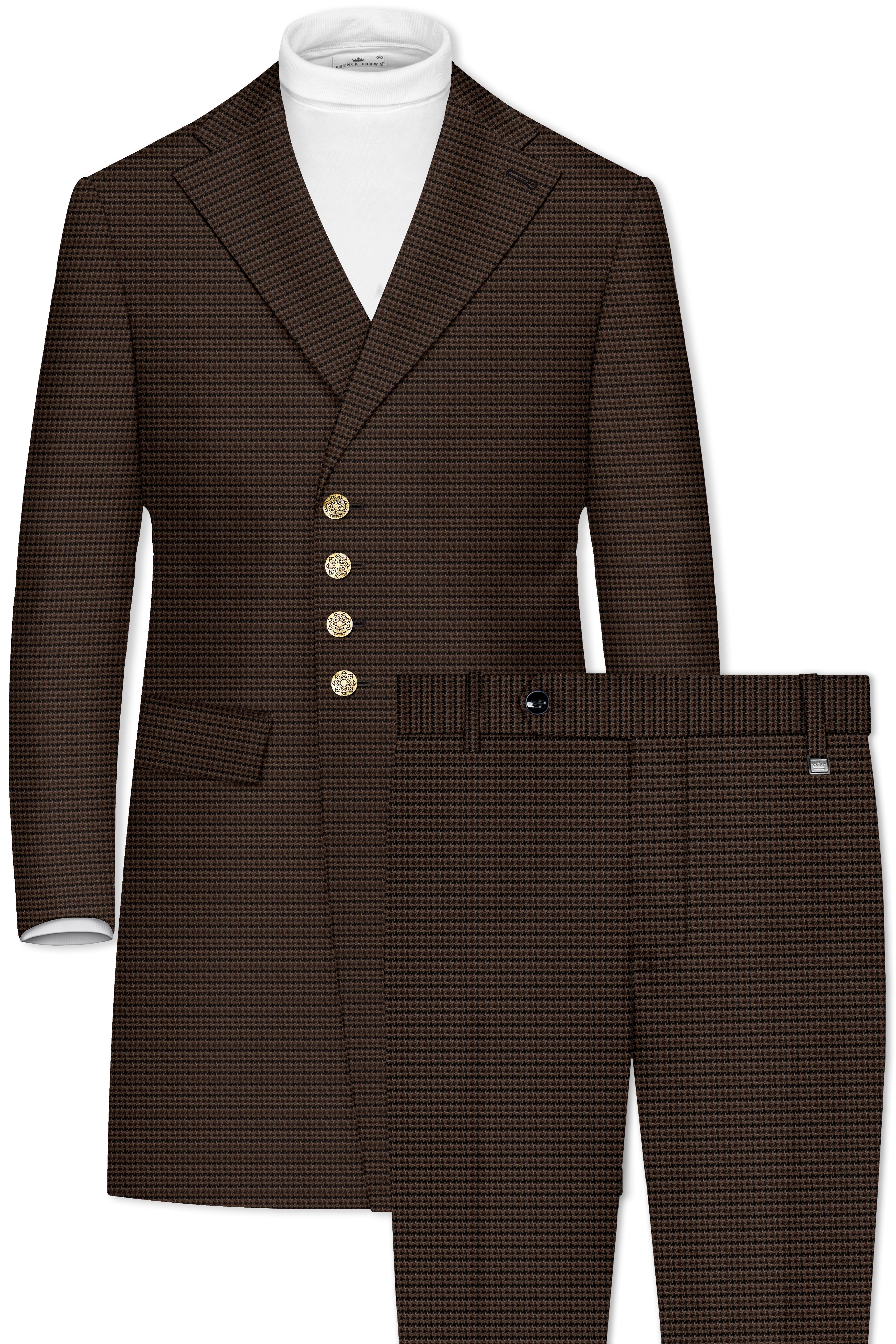 Brunwick-Cocoa Brown houndstooth Textured Wool Rich Single Breasted Trench Coat With Pant