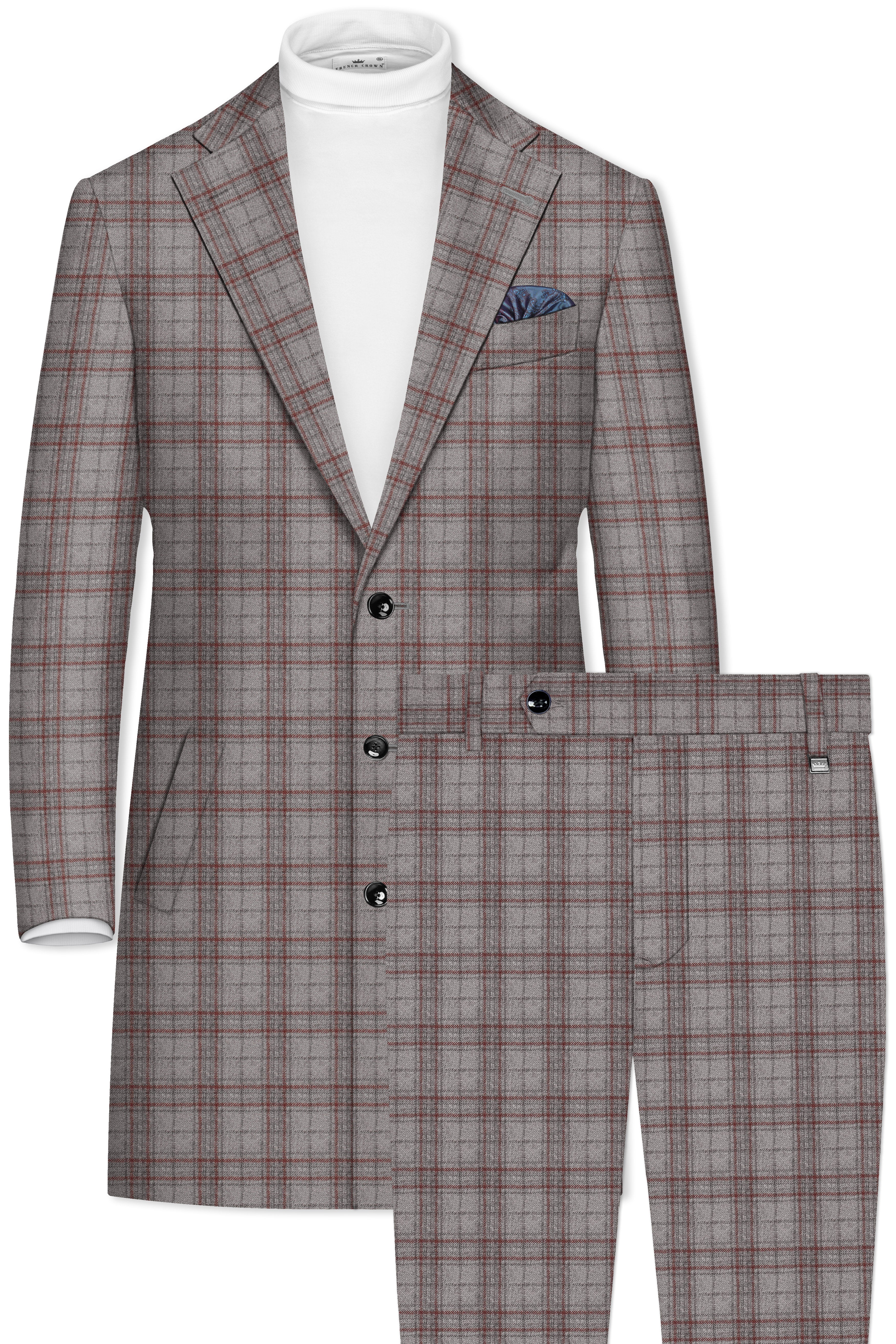 Fogwin-Warm Gray Plaid Wool Rich Single Breasted Trench Coat With Pant