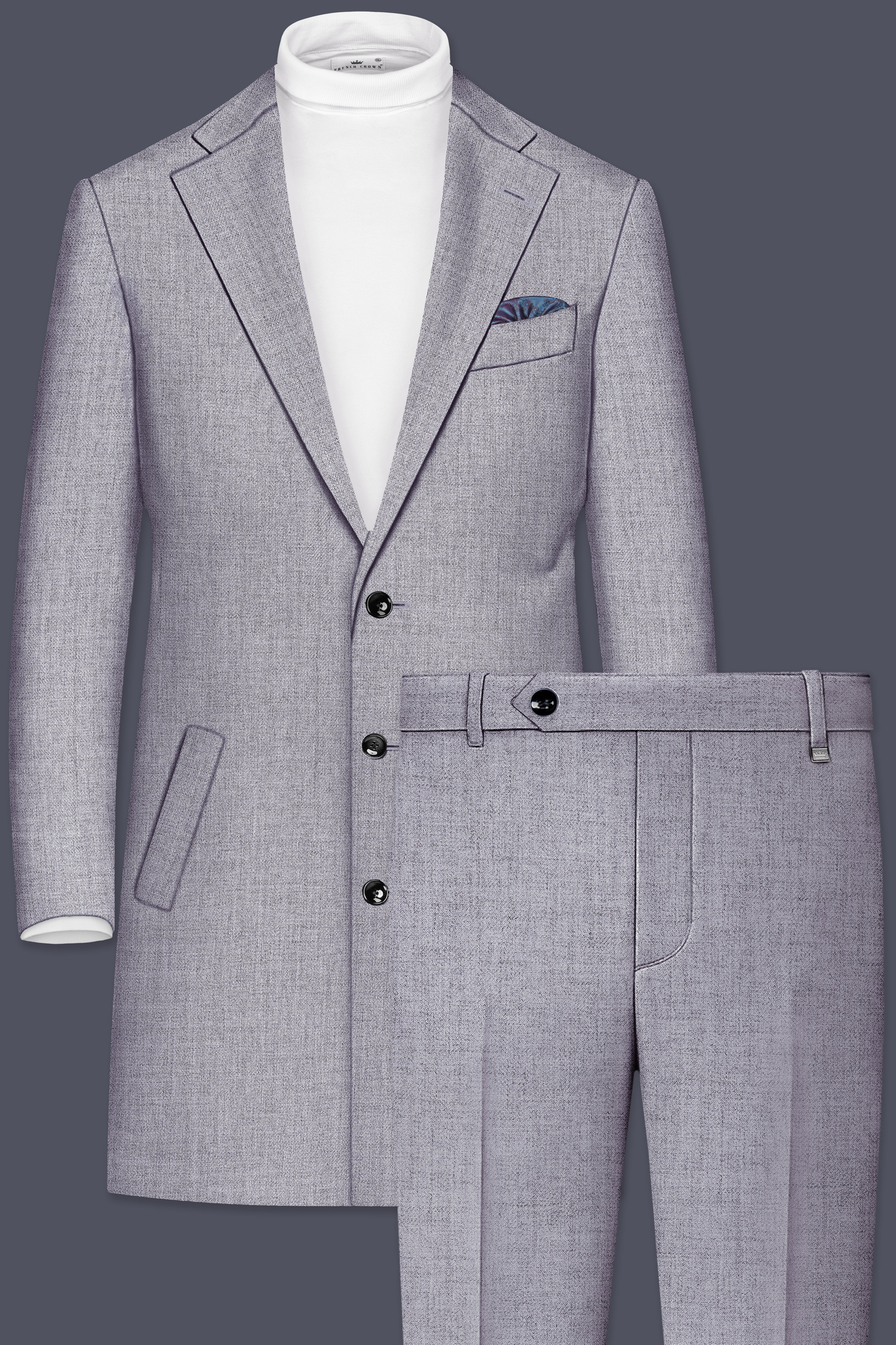 Alpine-Mountain Mist Gray Textured Tweed Single Breasted Trench Coat With Pant