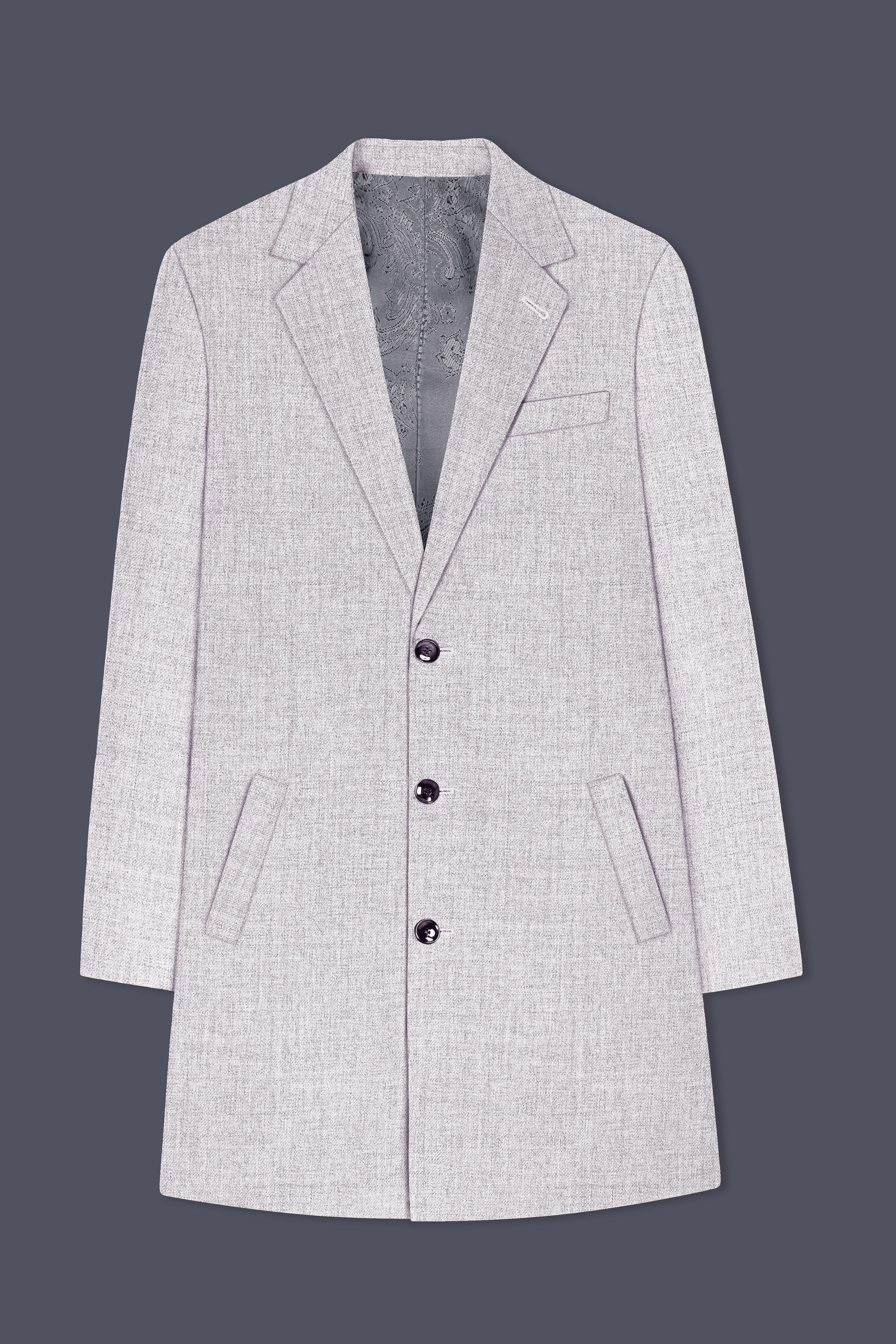 Glacier-Lilac Gray Textured Tweed Single Breasted Trench Coat With Pant