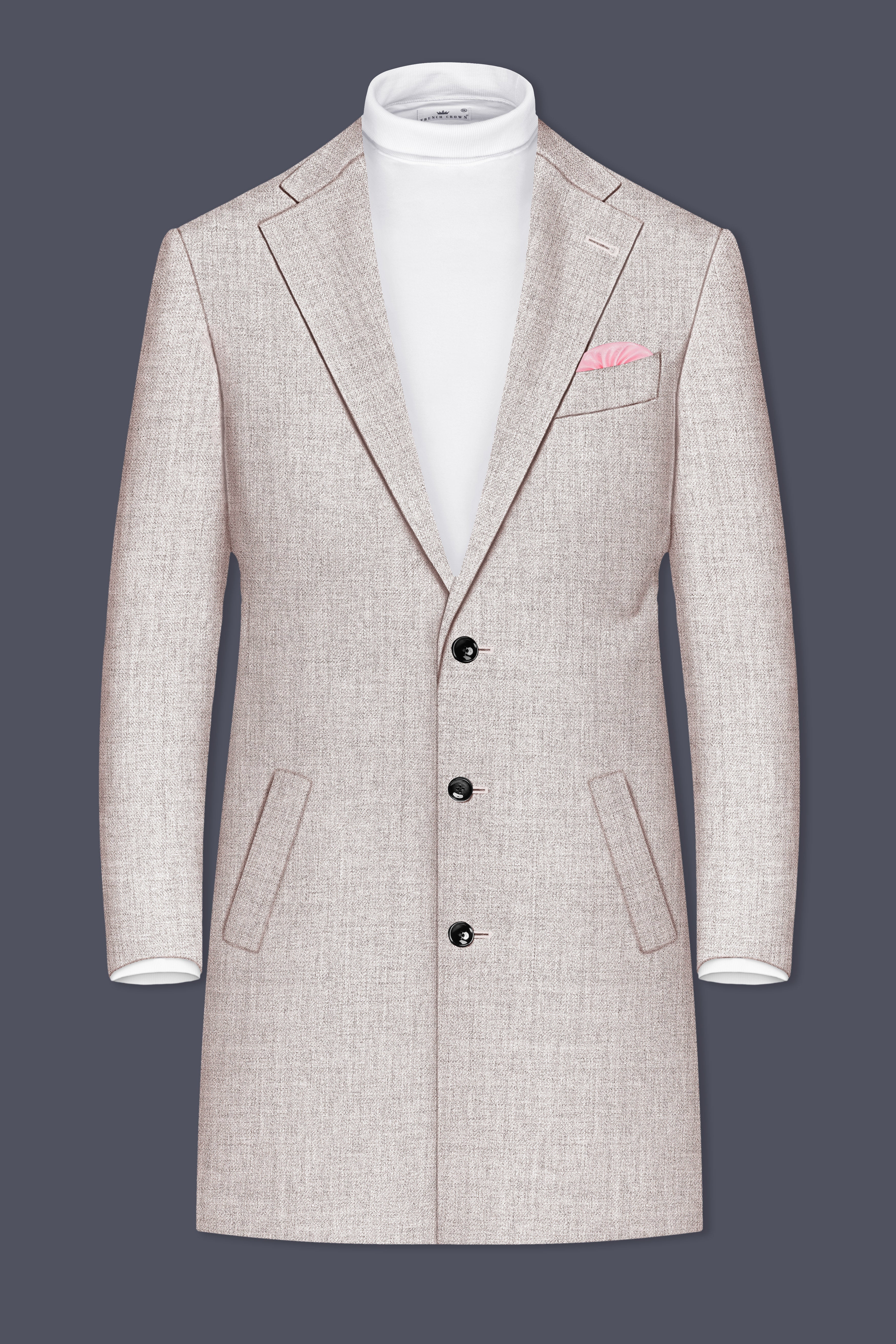 Ivorytail-Timberwolf Cream Textured Tweed Single Breasted Trench Coat With Pant
