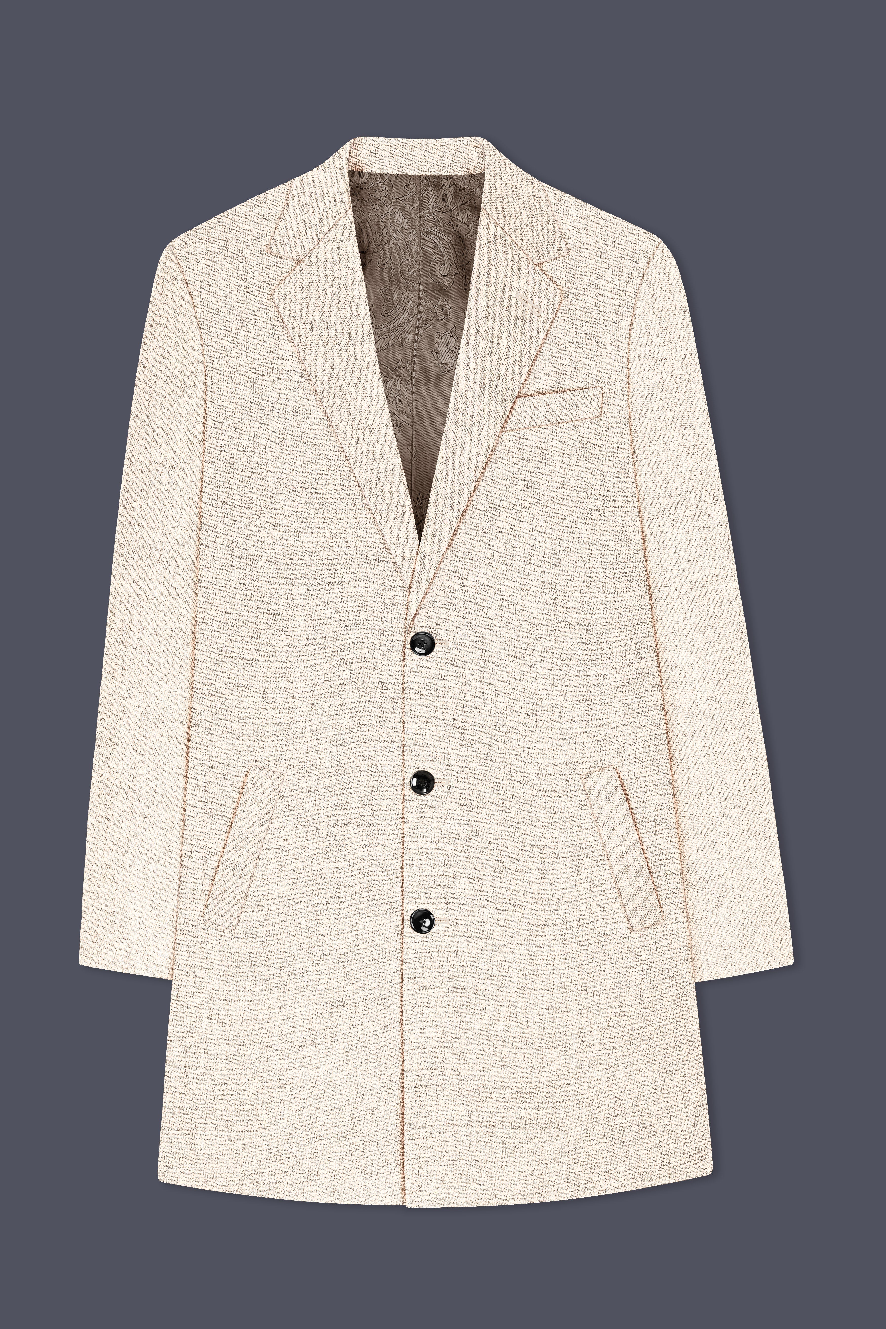 Velour-Derby Cream Textured Tweed Single Breasted Trench Coat With Pant