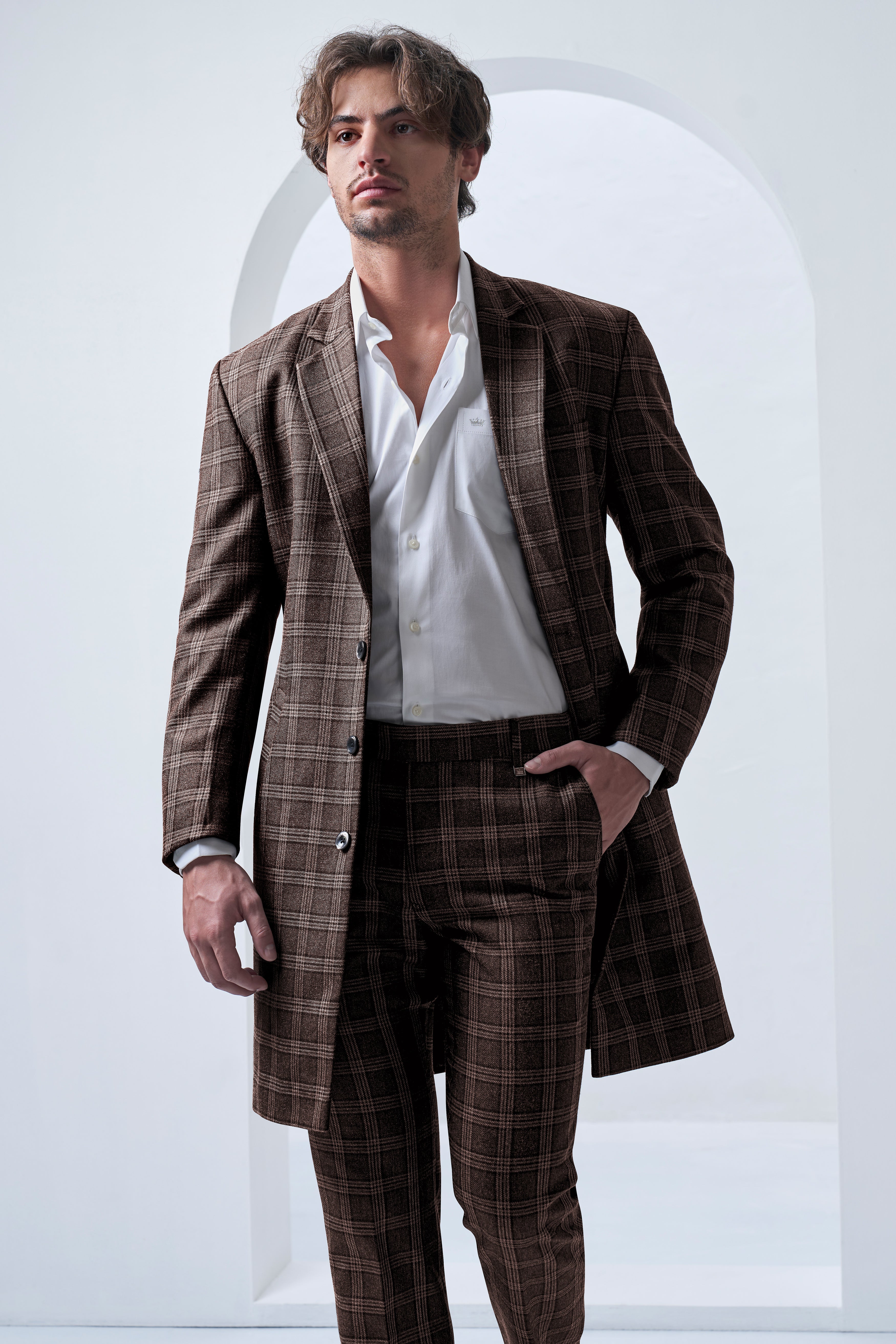 Eclenzo-Eclipse Brown Plaid Tweed Single Breasted Overcoat With Pant