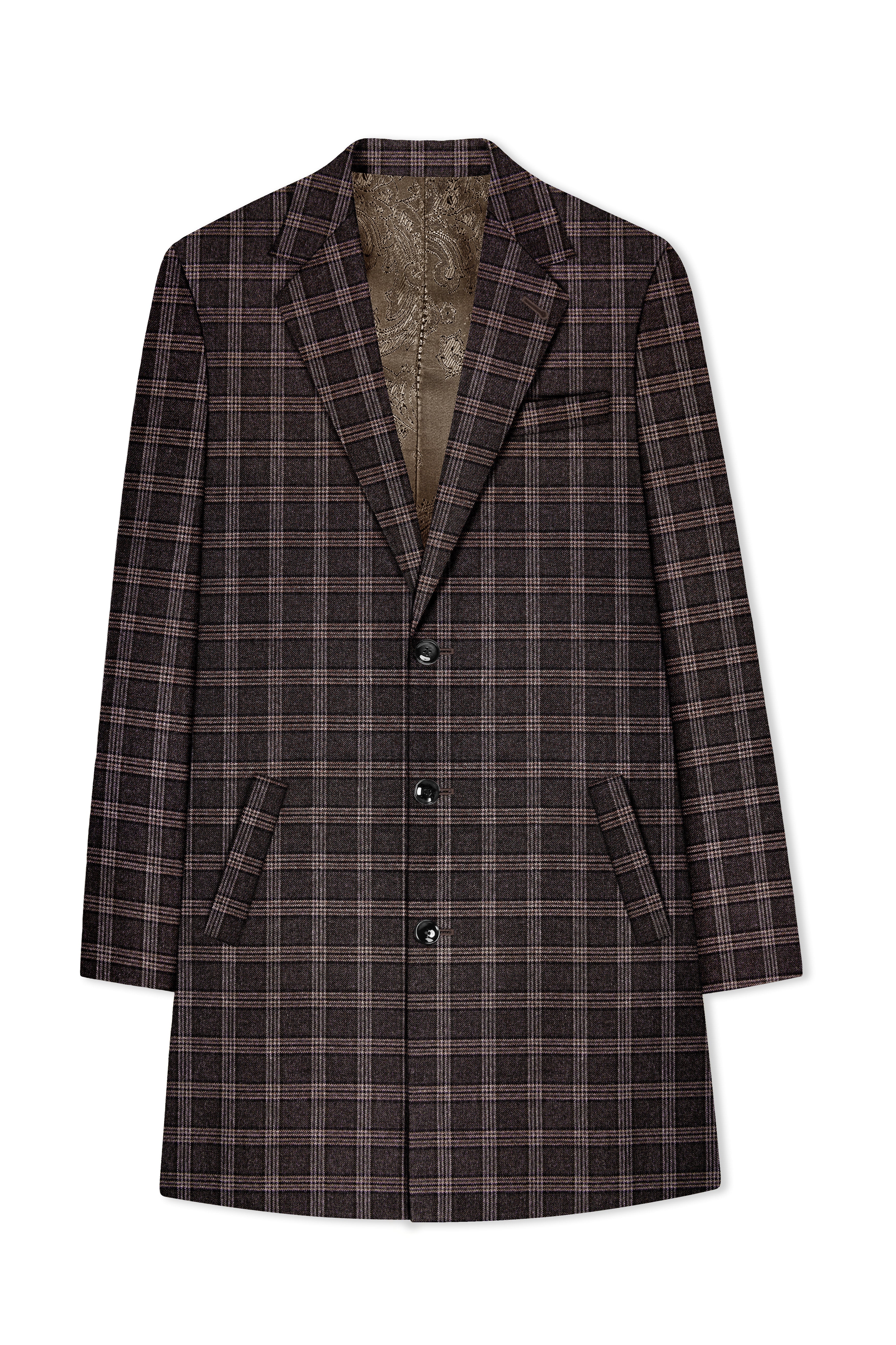 Eclenzo-Eclipse Brown Plaid Tweed Single Breasted Trench Coat With Pant