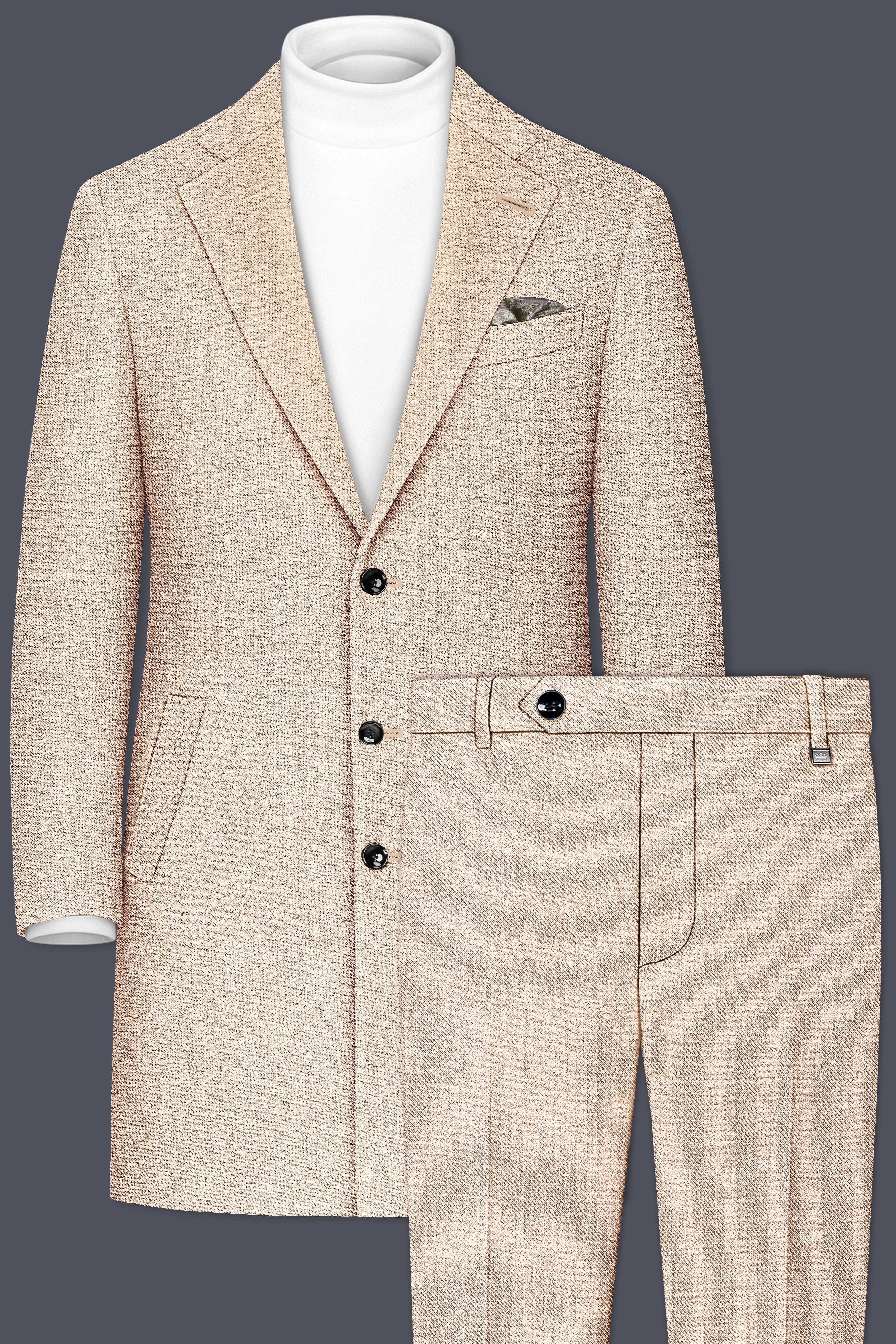 Ivoro-Bizarre Cream Textured Tweed Single Breasted Overcoat With Pant