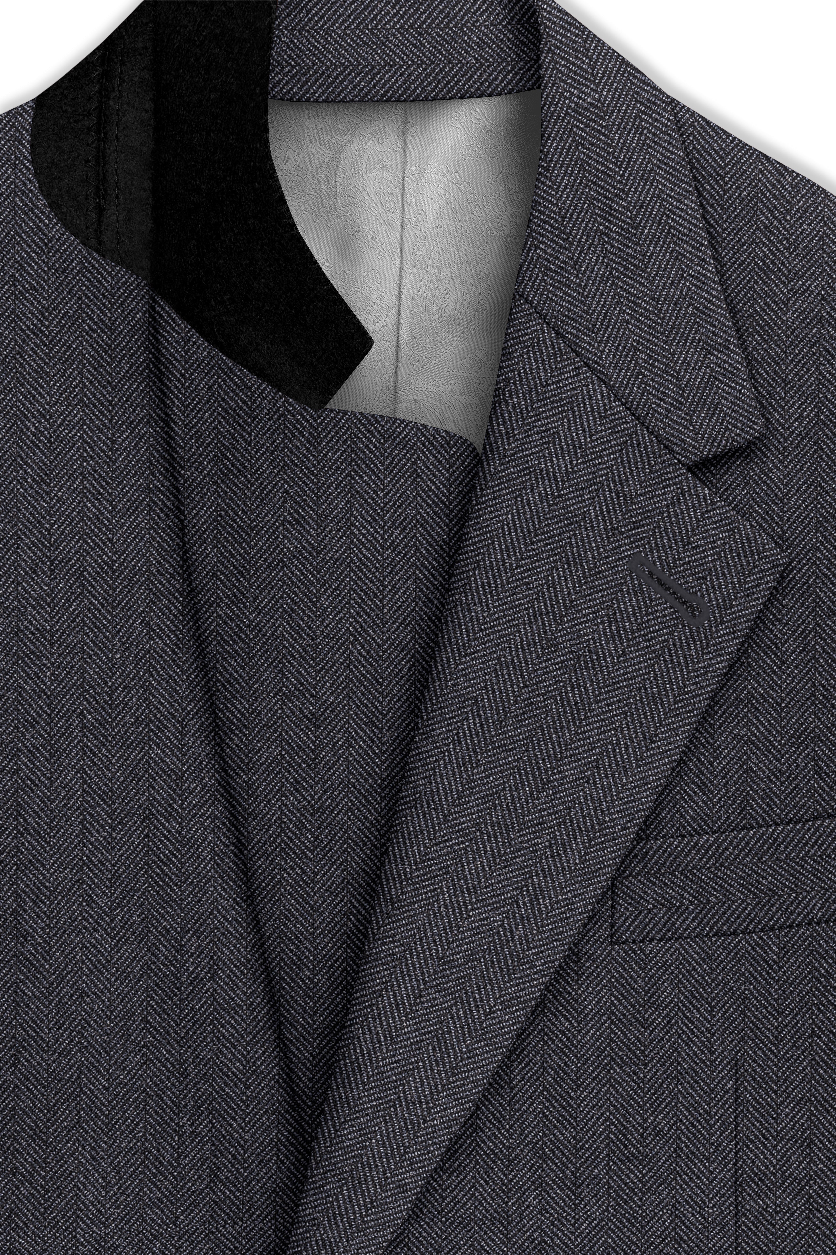 Silvoro-Iridium Gray Herringbone Textured Tweed Single Breasted Overcoat With Pant