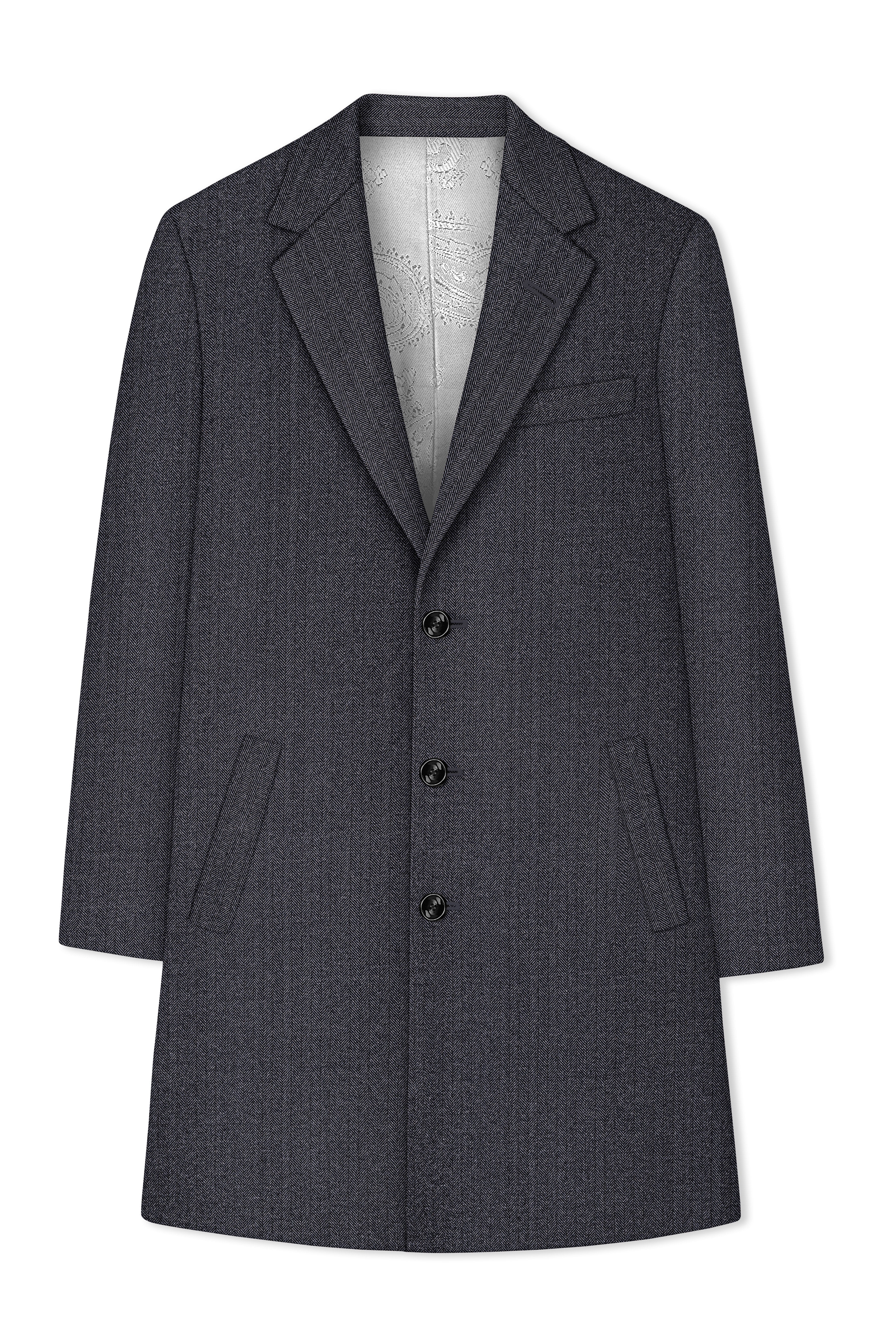 Silvoro-Iridium Gray Herringbone Textured Tweed Single Breasted Overcoat With Pant