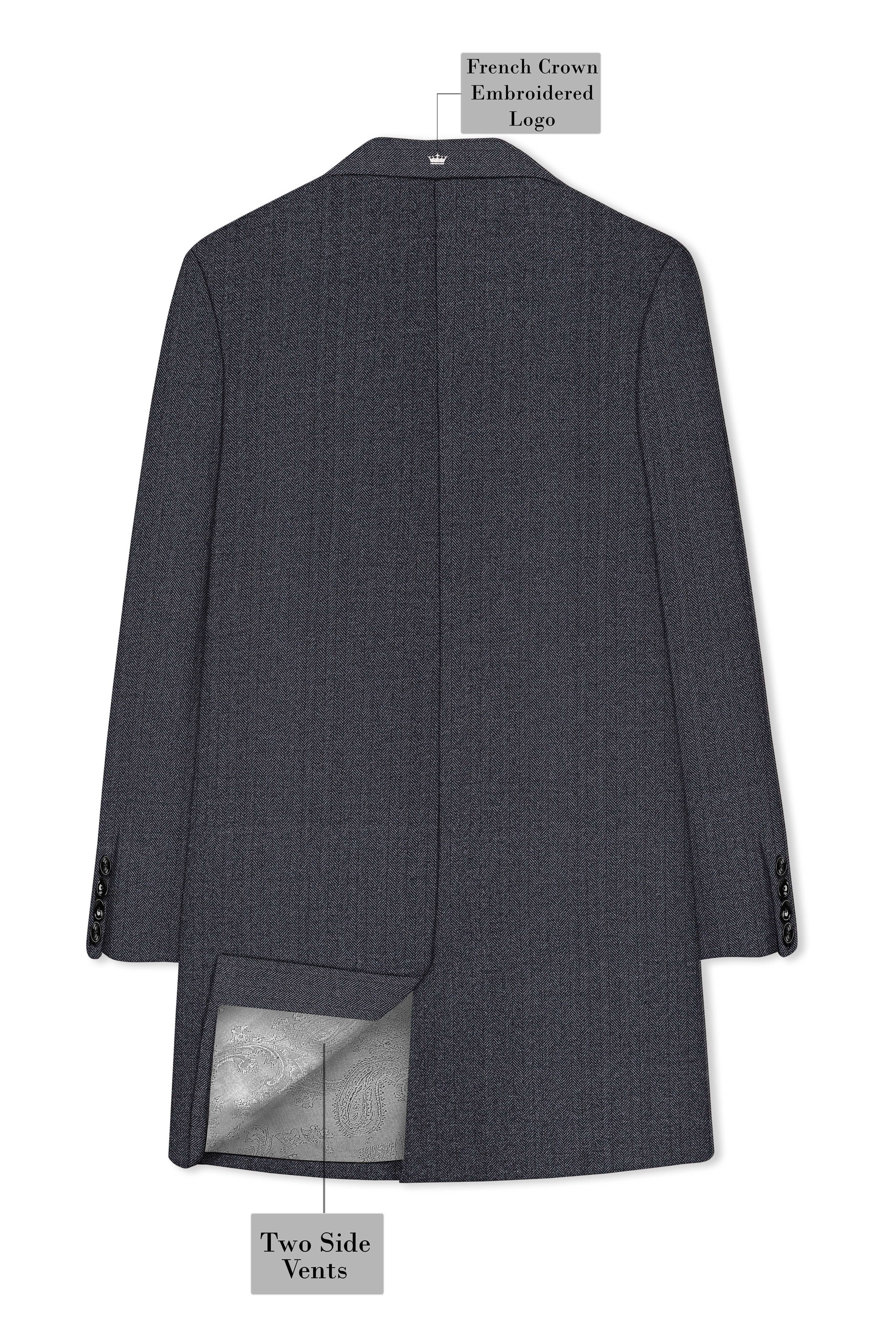 Silvoro-Iridium Gray Herringbone Textured Tweed Single Breasted Overcoat With Pant