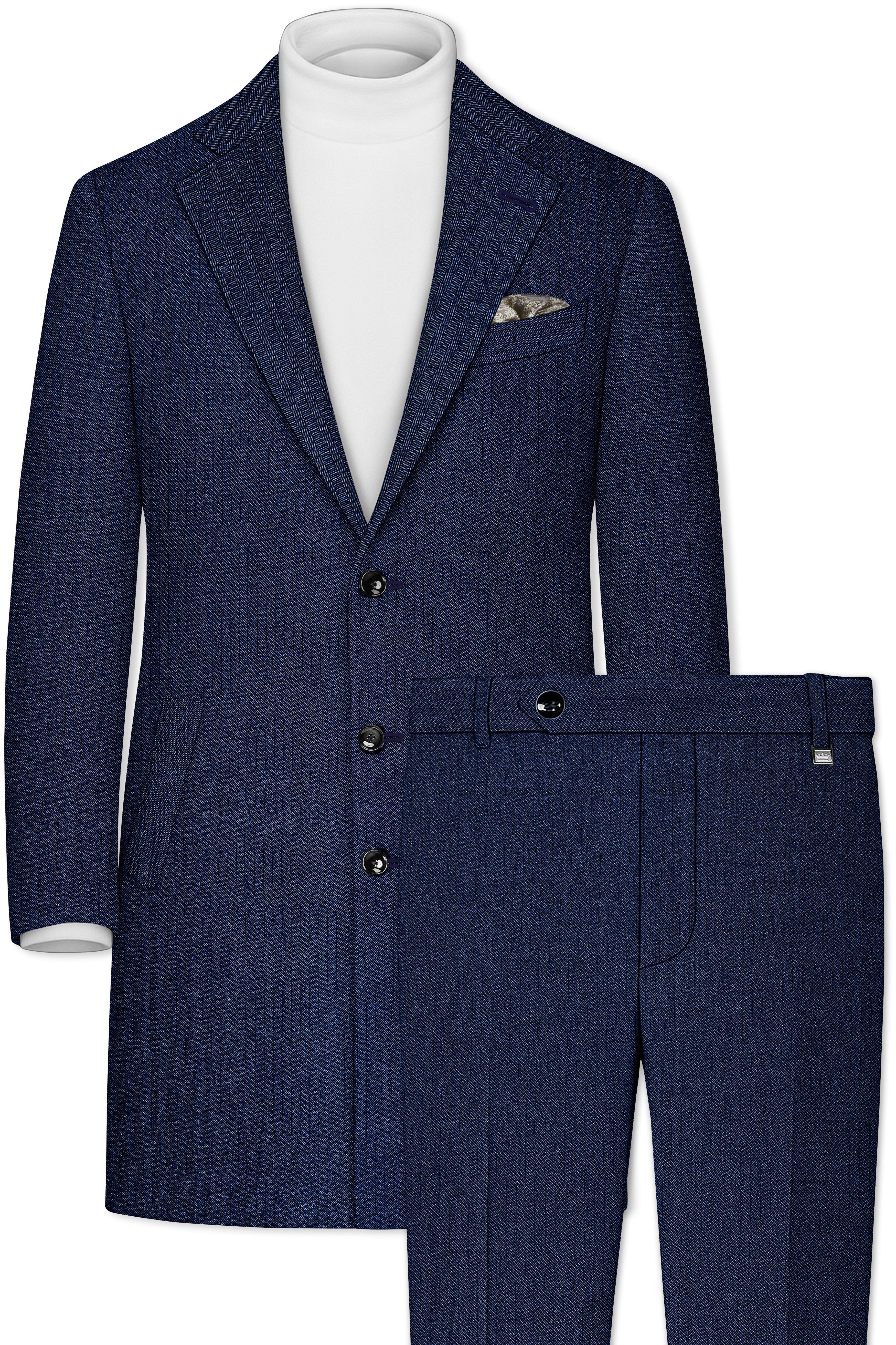 Aurevu-Vulcan Blue Herringbone Textured Tweed Single Breasted Overcoat With Pant