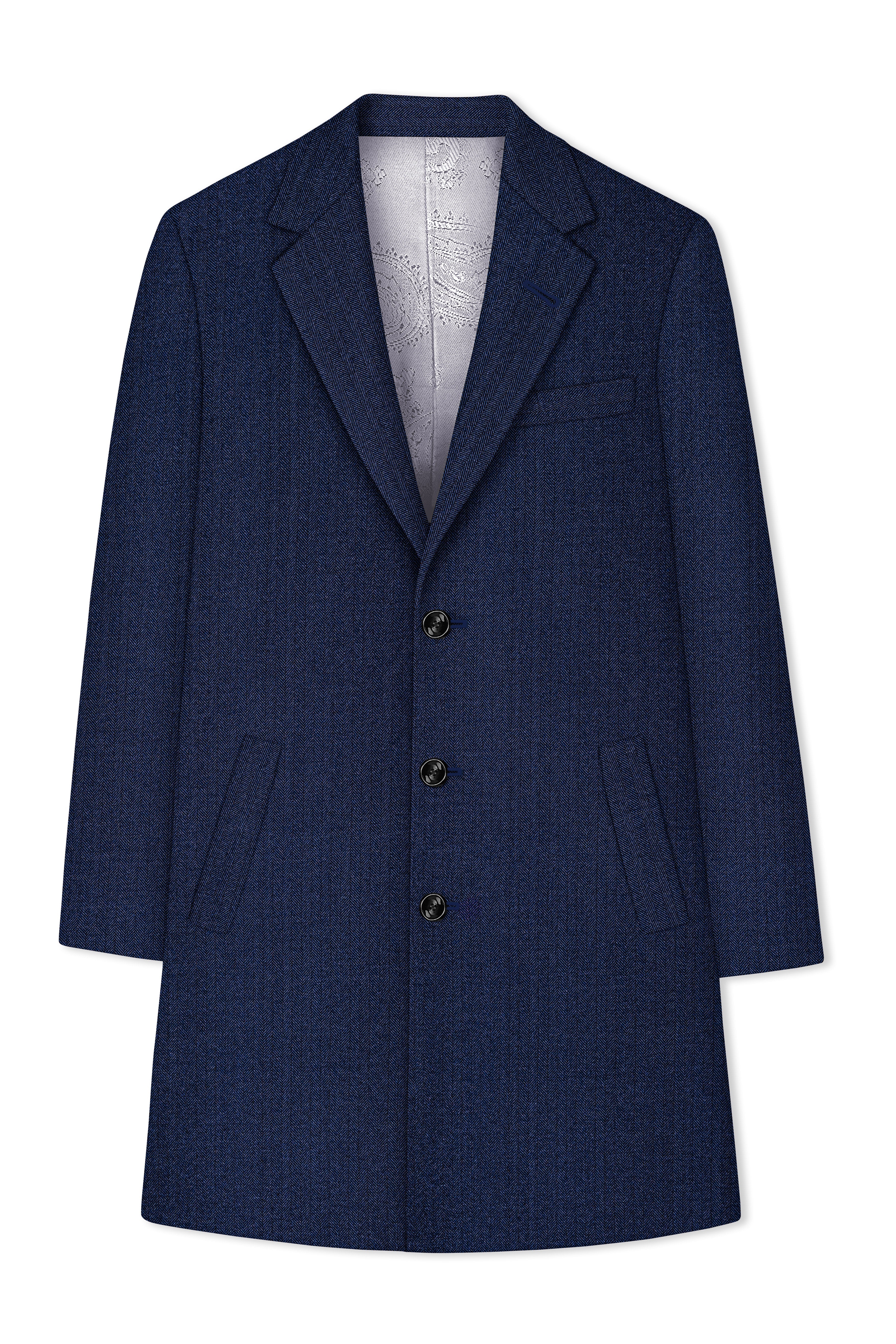 Aurevu-Vulcan Blue Herringbone Textured Tweed Single Breasted Overcoat With Pant