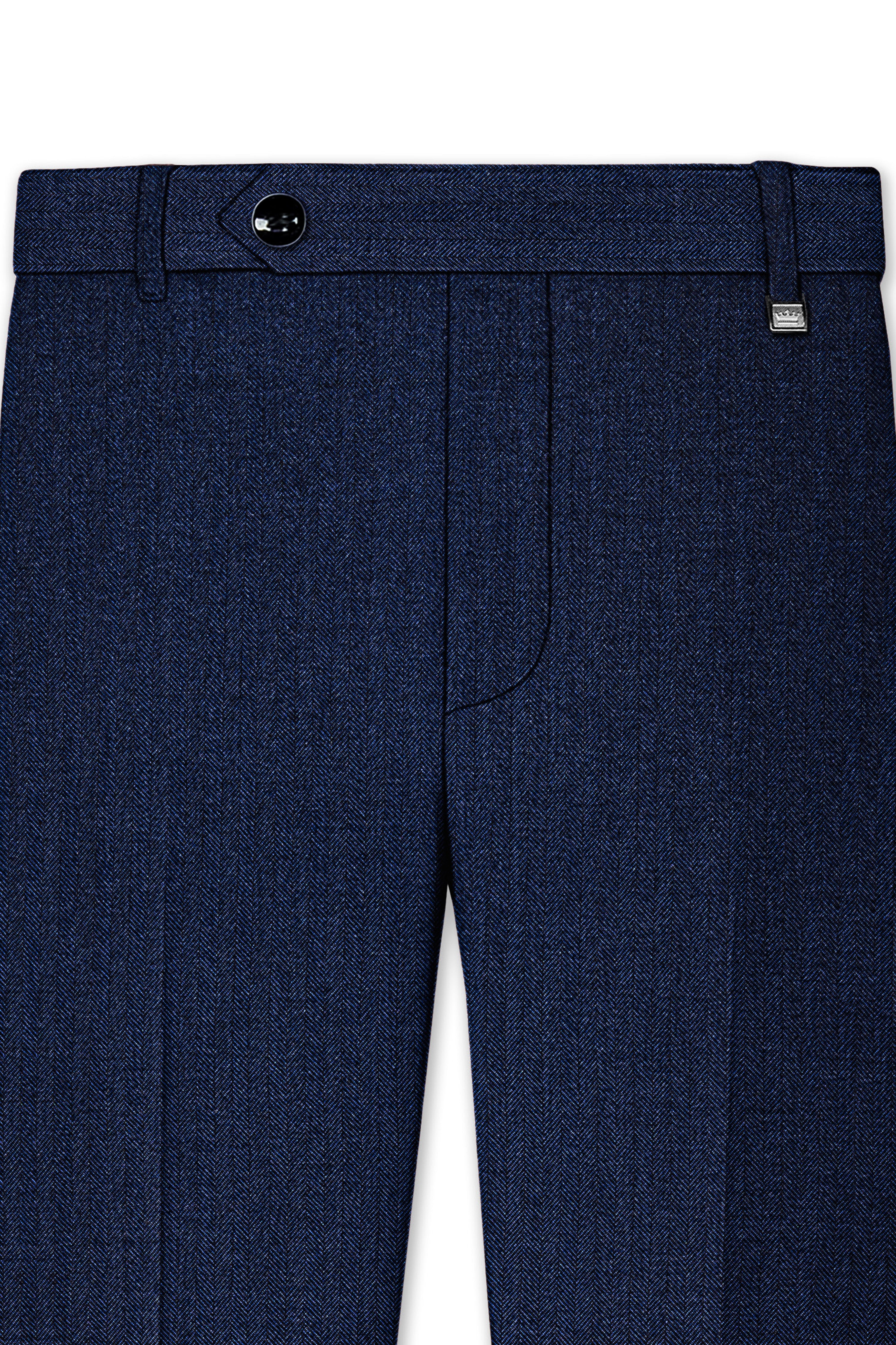 Aurevu-Vulcan Blue Herringbone Textured Tweed Single Breasted Overcoat With Pant