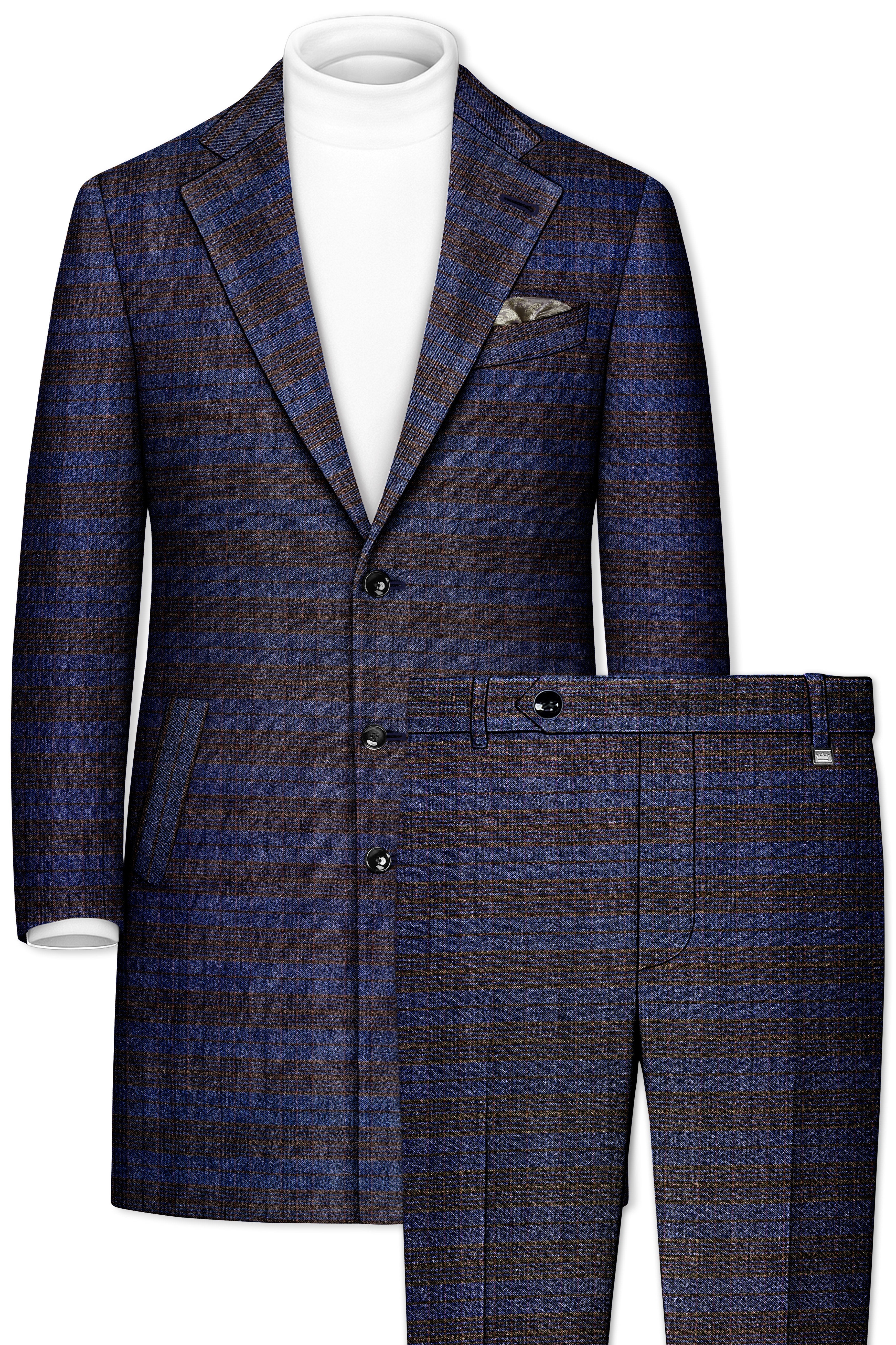 Velourish-Tealish Blue And Tuatara Gray Glen Plaid Tweed Single Breasted Overcoat With Pant