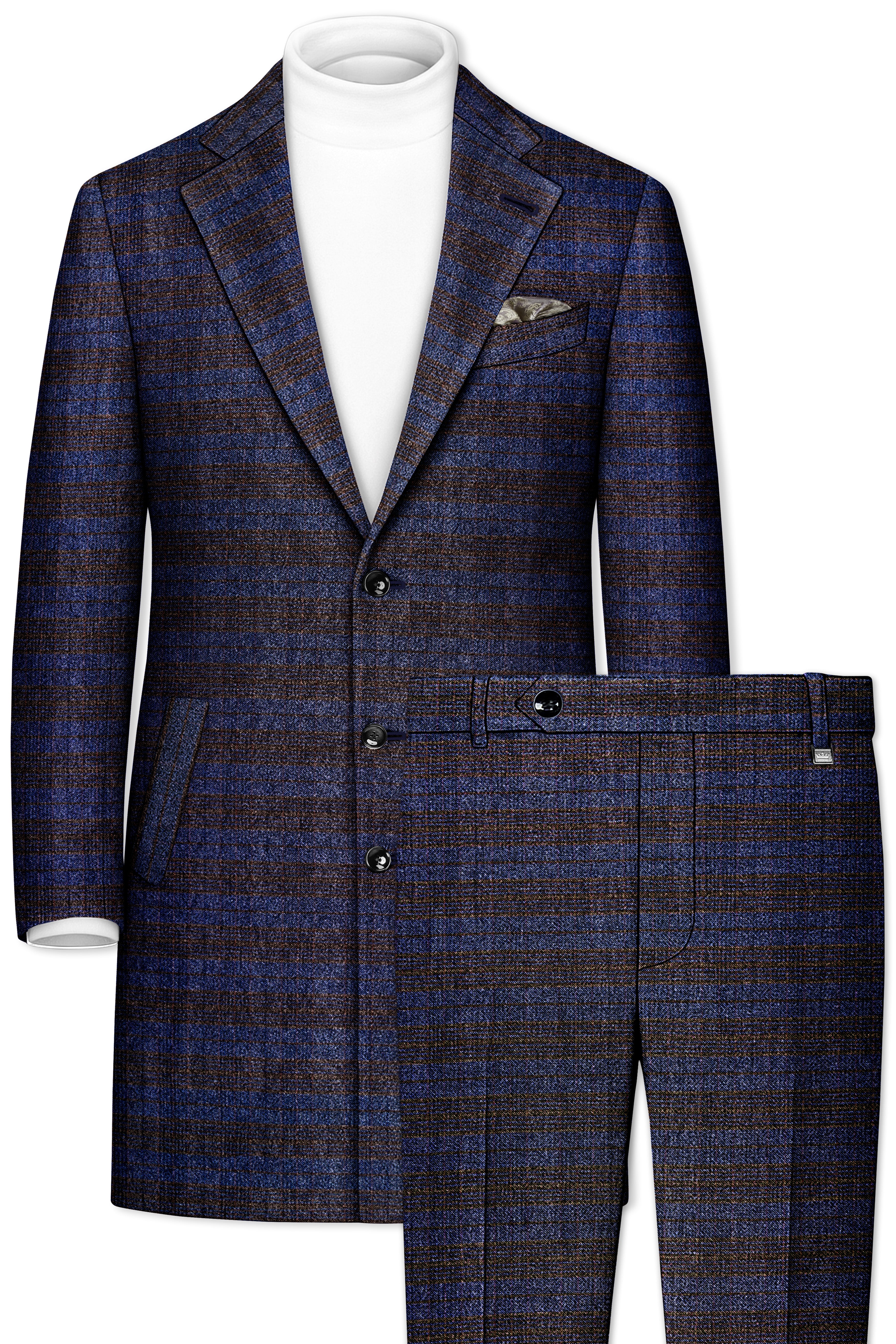 Velourish-Tealish Blue And Tuatara Gray Glen Plaid Tweed Single Breasted Overcoat With Pant