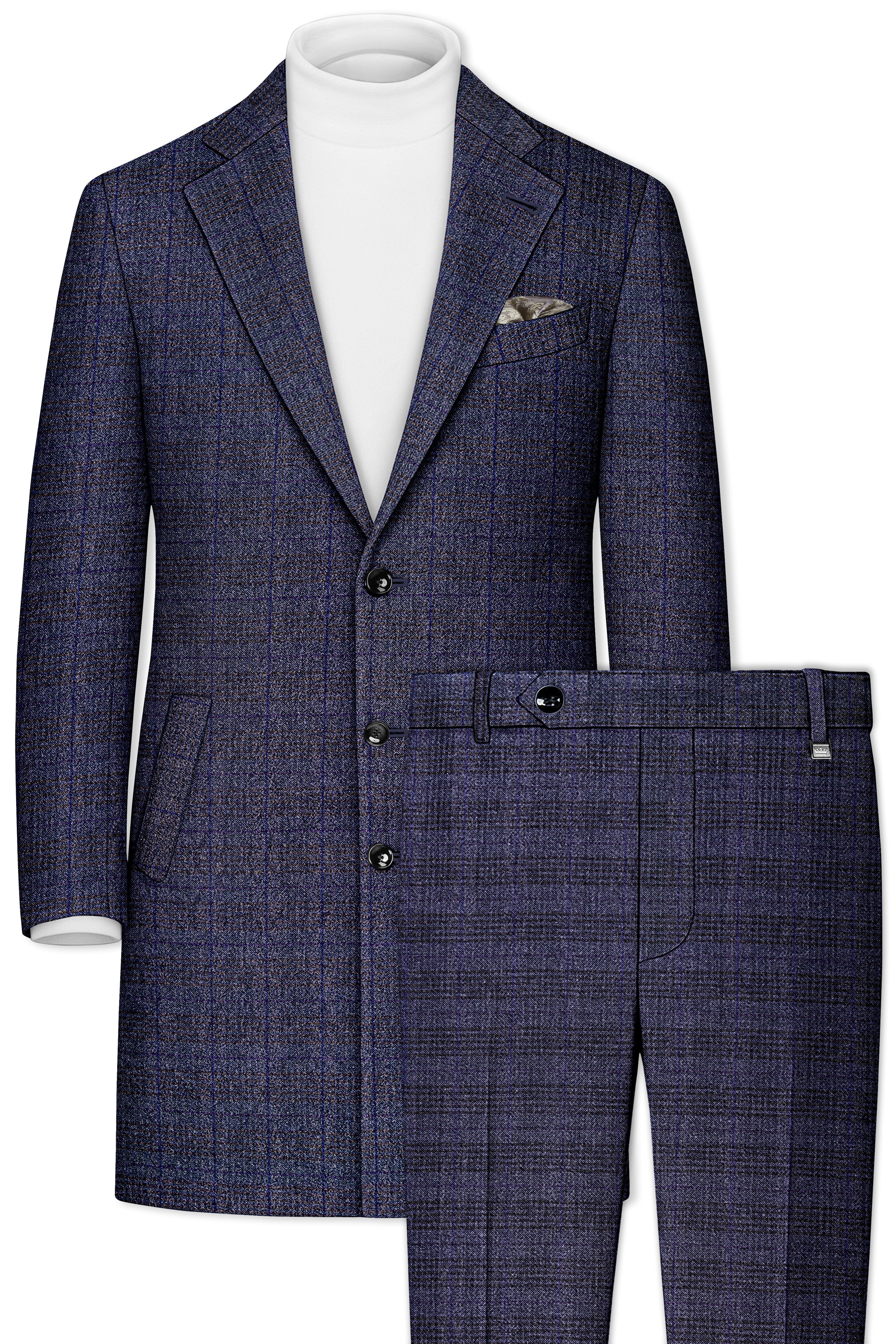 Horizon-Martinique Blue windowpane Tweed Single Breasted Overcoat With Pant