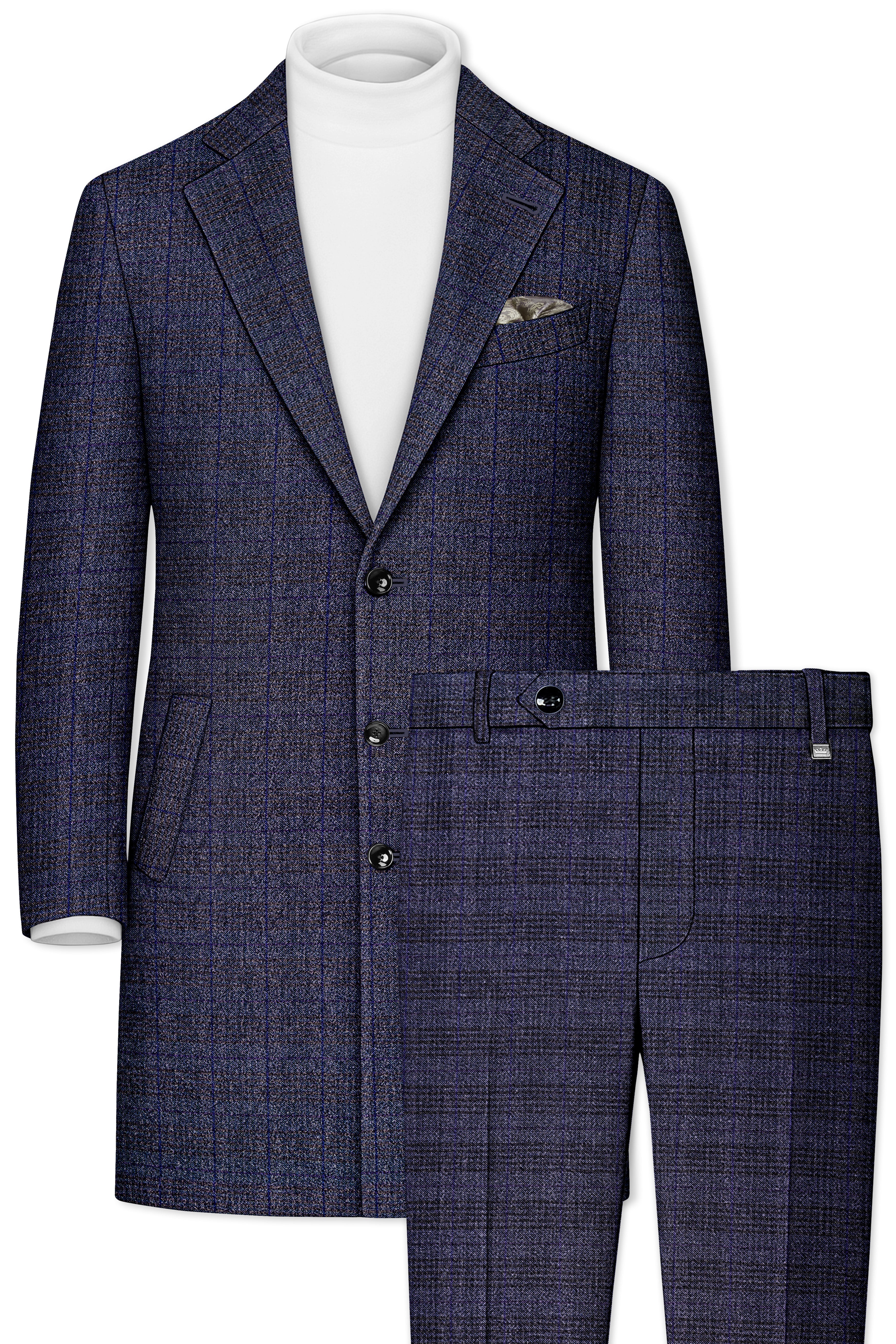 Horizon-Martinique Blue windowpane Tweed Single Breasted Overcoat With Pant