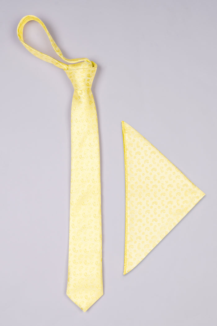KOURNIKOVA YELLOW WITH PEARL LUSTA BEIGE PAISLEY JACQUARD TIE WITH POCKET SQUARE