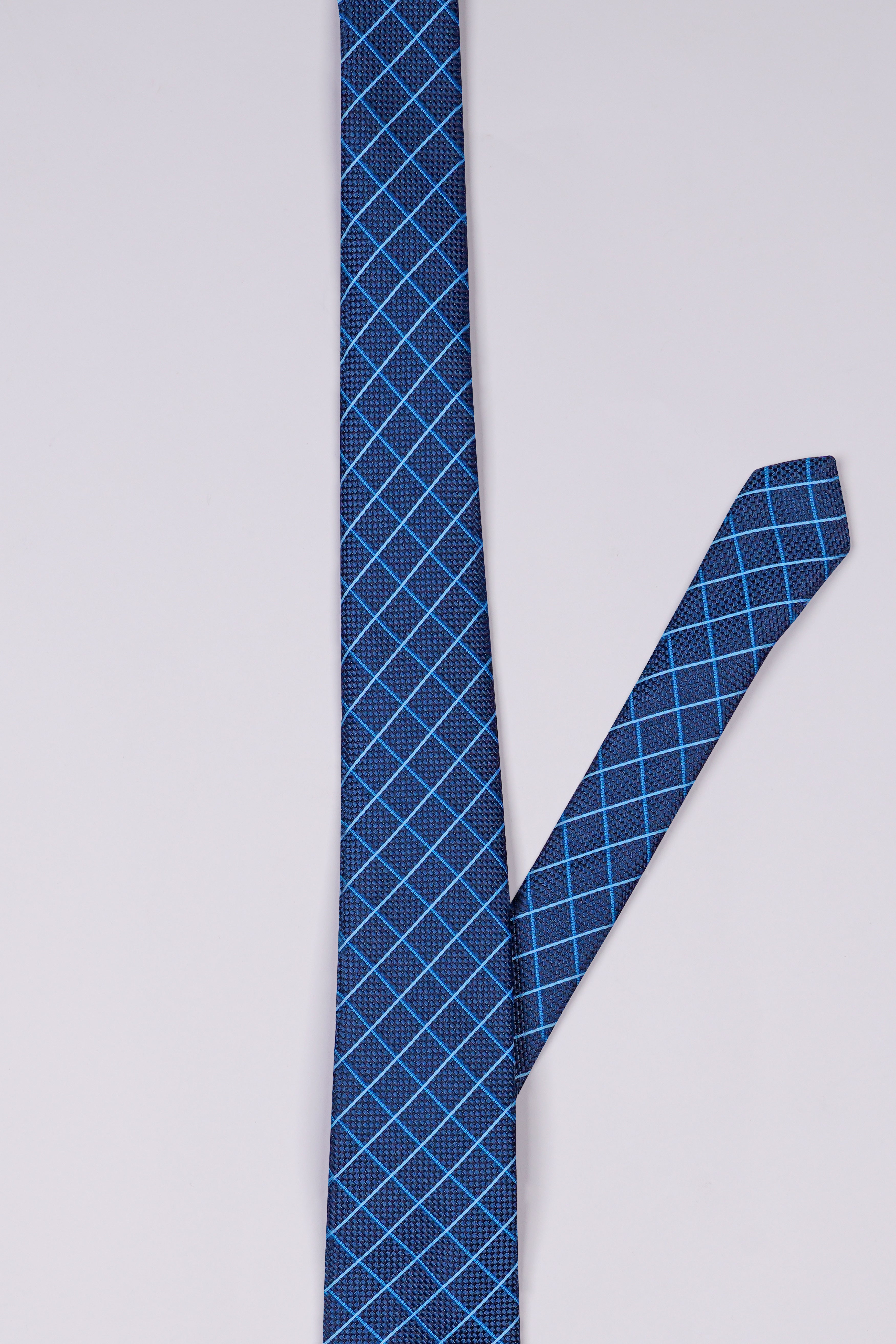 Lapis Blue Checkered Jacquard Tie with Pocket Square TP047