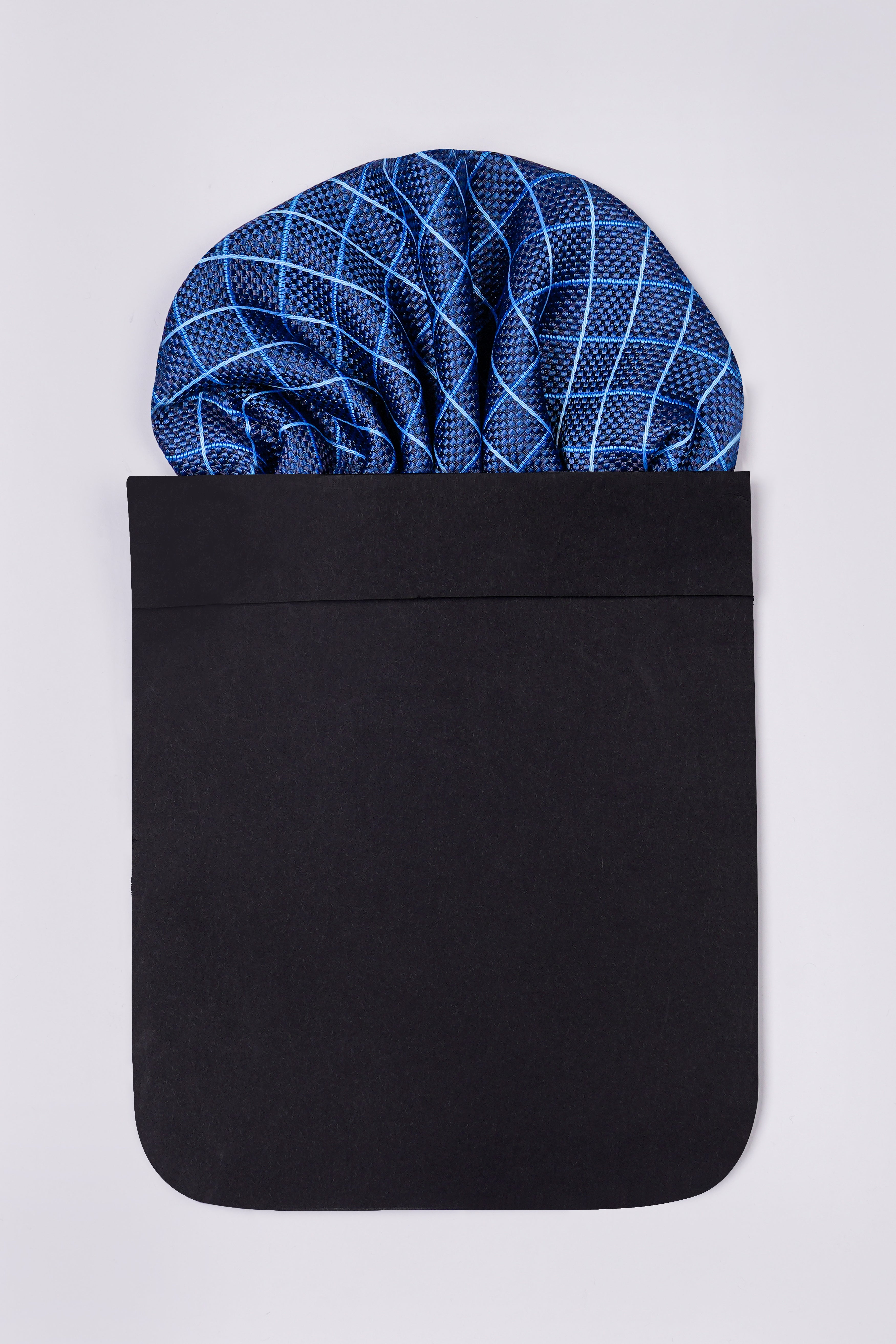 Lapis Blue Checkered Jacquard Tie with Pocket Square TP047