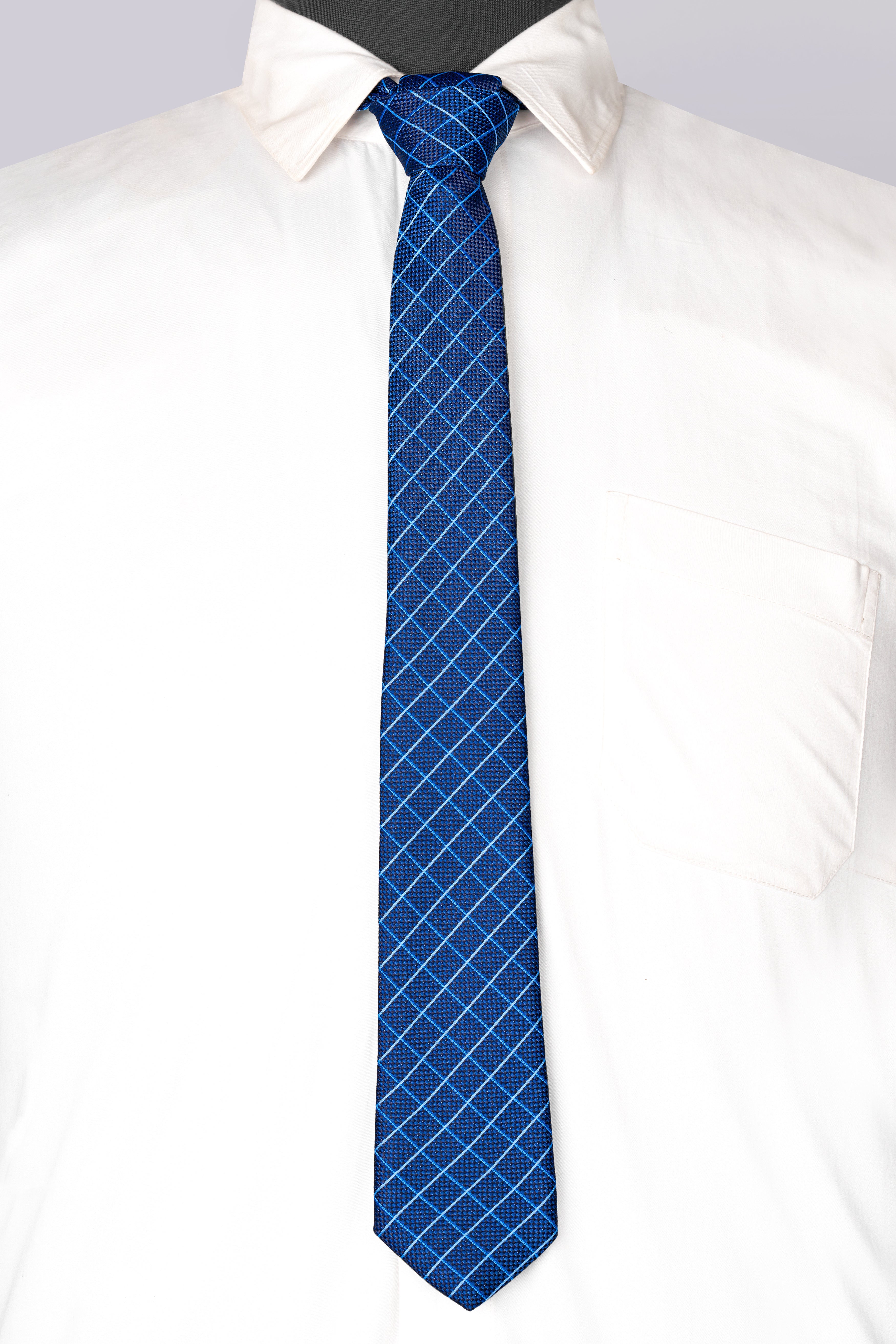 Lapis Blue Checkered Jacquard Tie with Pocket Square TP047