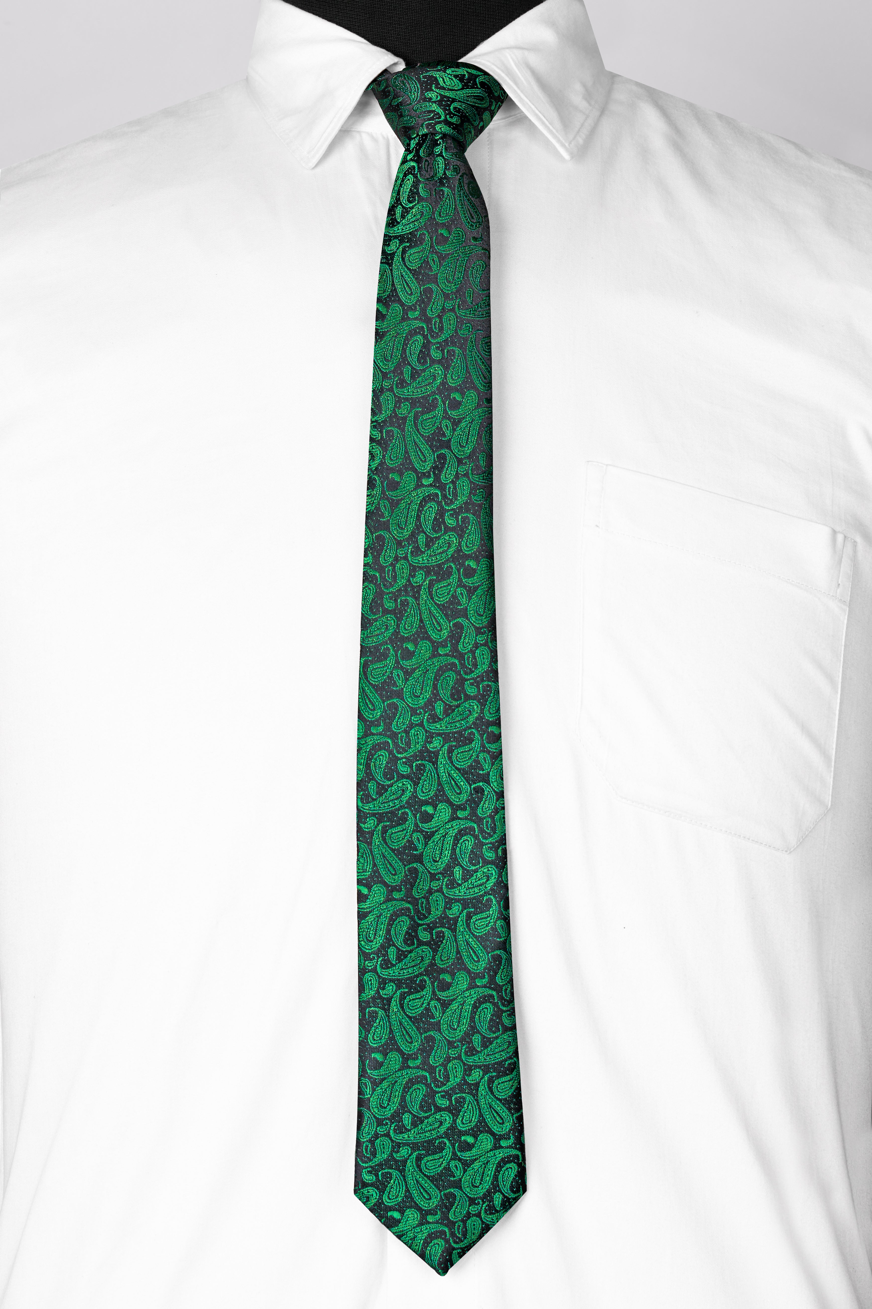 Jade Black with Meadow Green Paisley Jacquard Tie with Free Pocket Square TP048