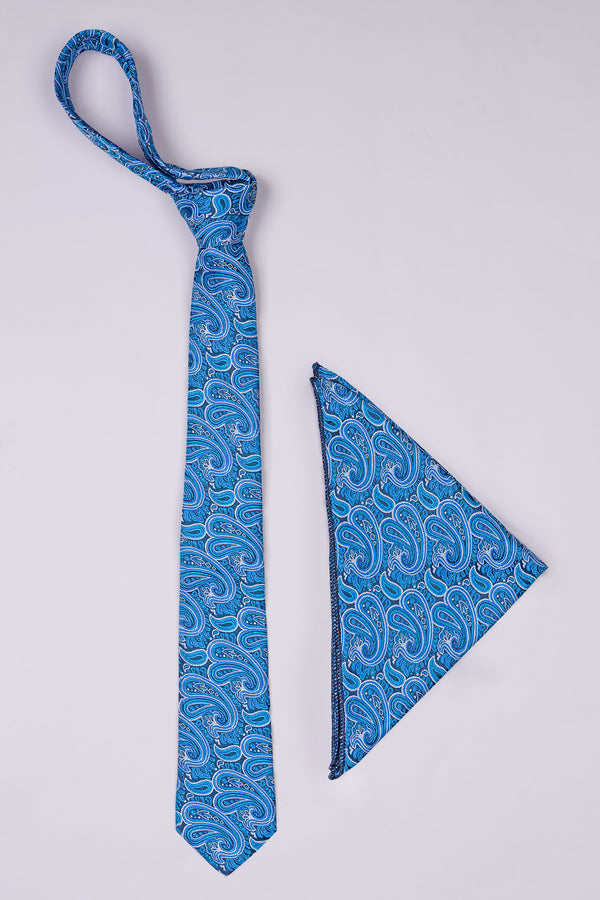Medium Persian Blue and White Paisley Jacquard Tie with Pocket Square