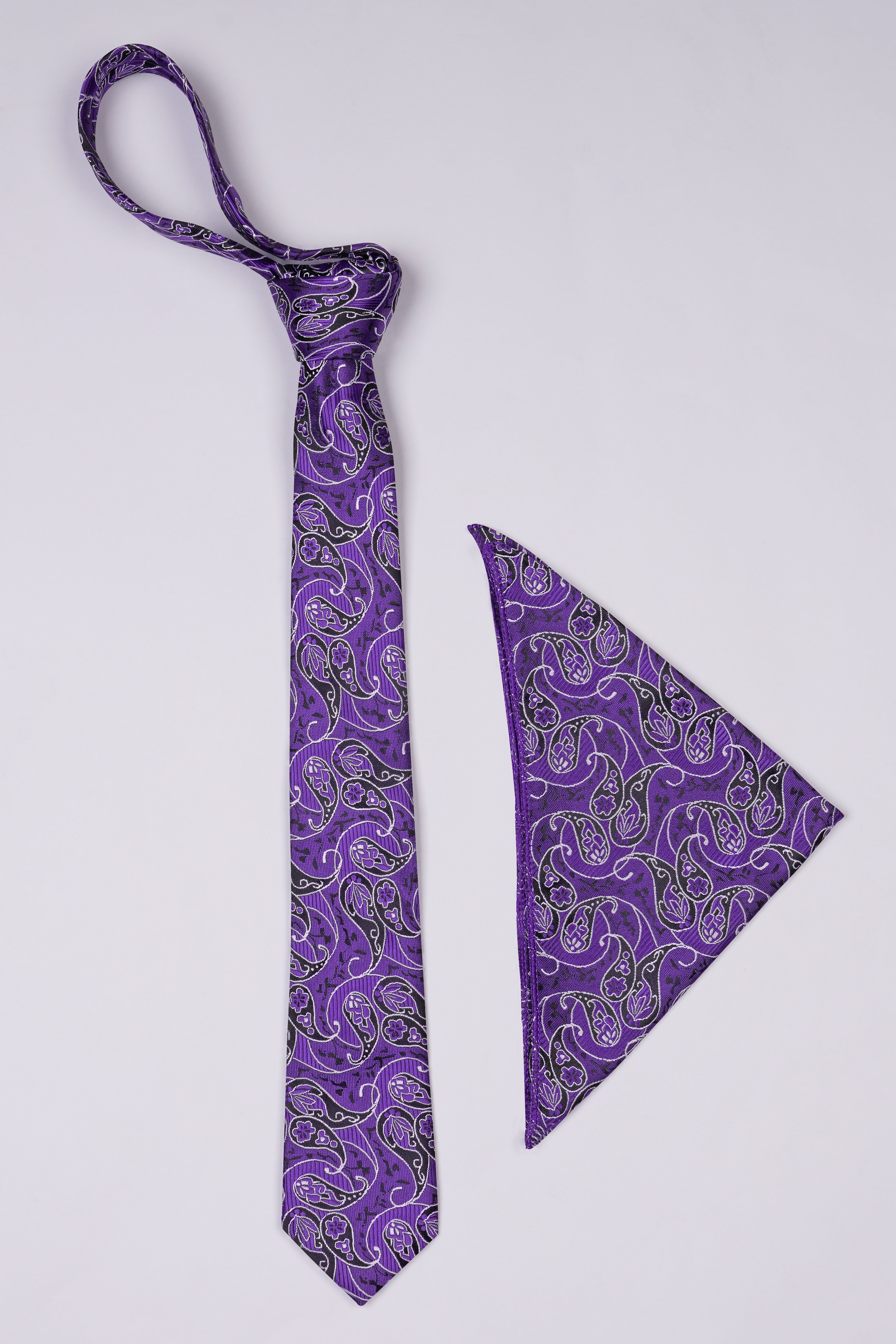 Scampi Purple with Black and White Paisley Jacquard Tie with Pocket Square  TP052