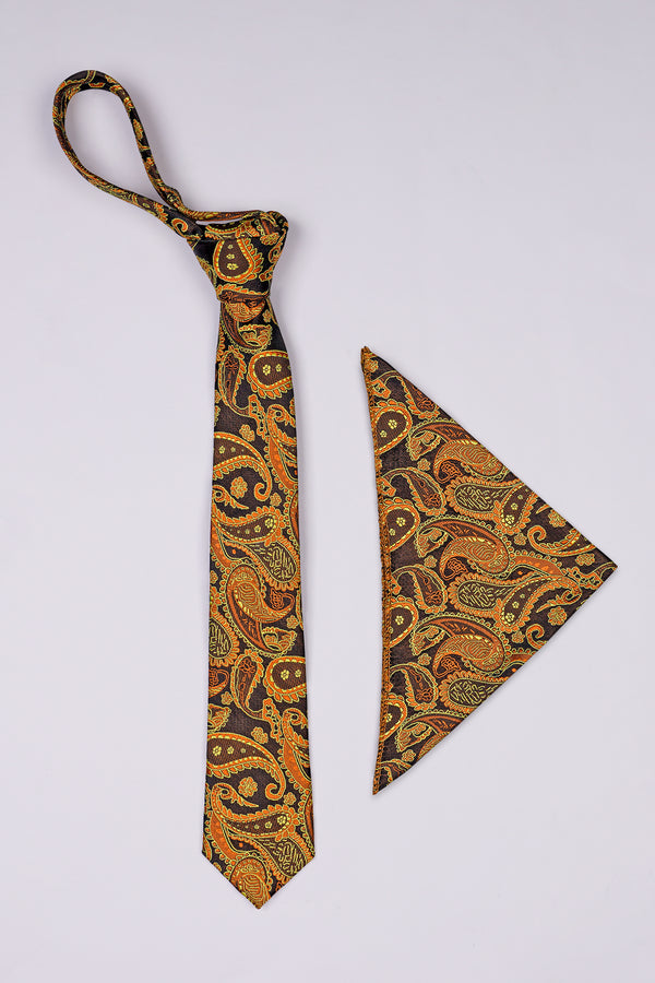 Cadmium Orange with Cafe Noir Brown Paisley Jacquard Tie with Pocket Square  TP054