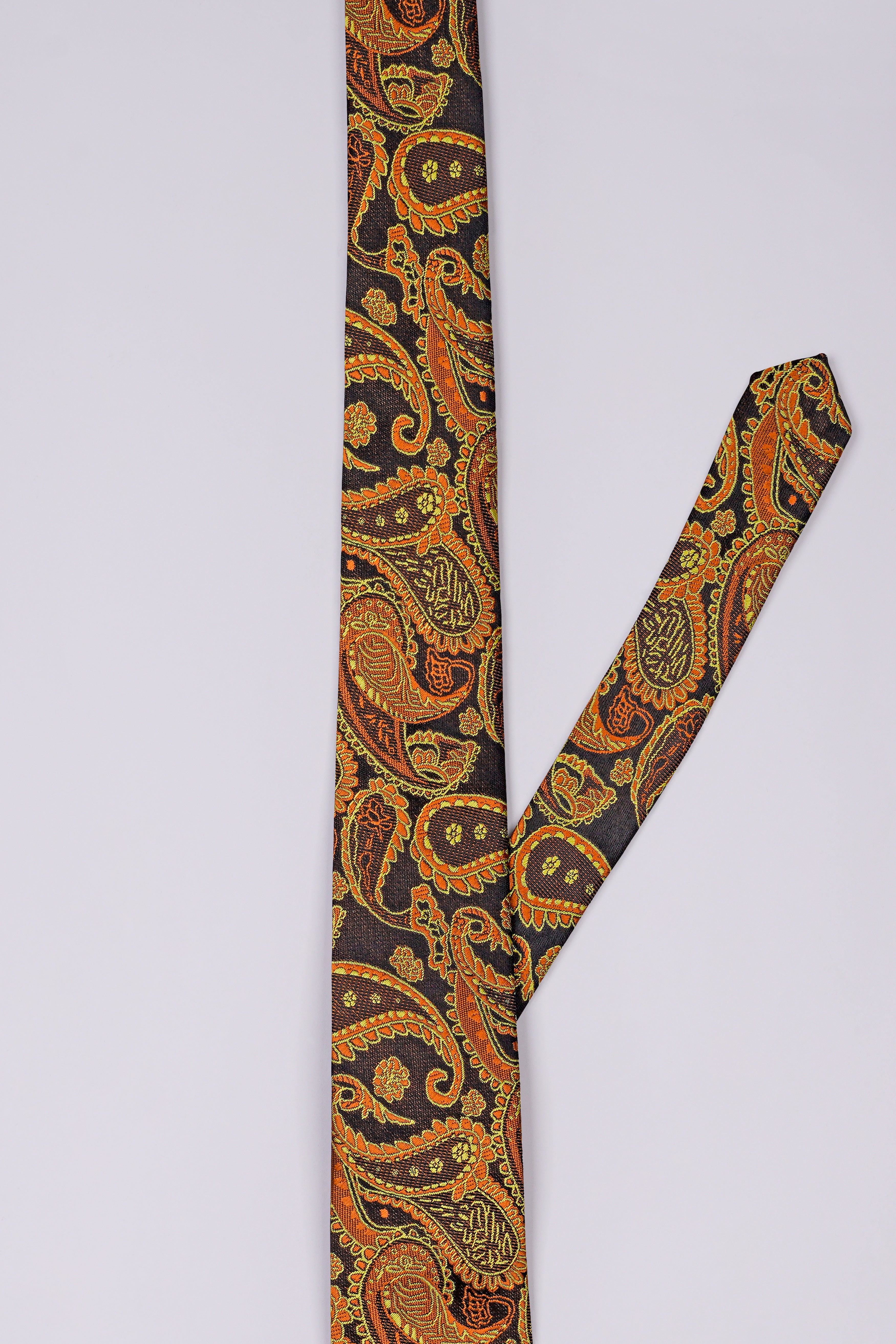 Cadmium Orange with Cafe Noir Brown Paisley Jacquard Tie with Pocket Square  TP054