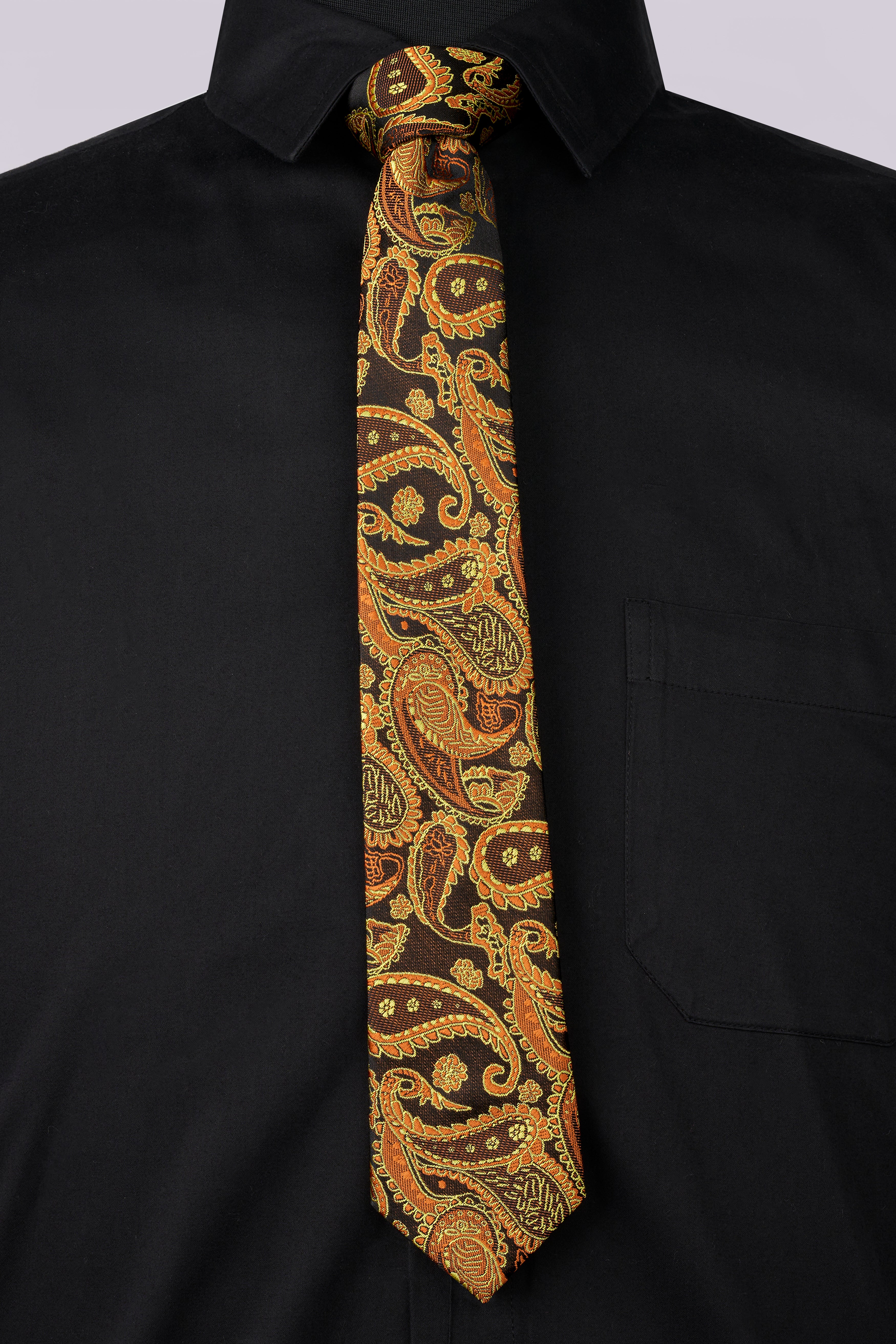 Cadmium Orange with Cafe Noir Brown Paisley Jacquard Tie with Pocket Square  TP054