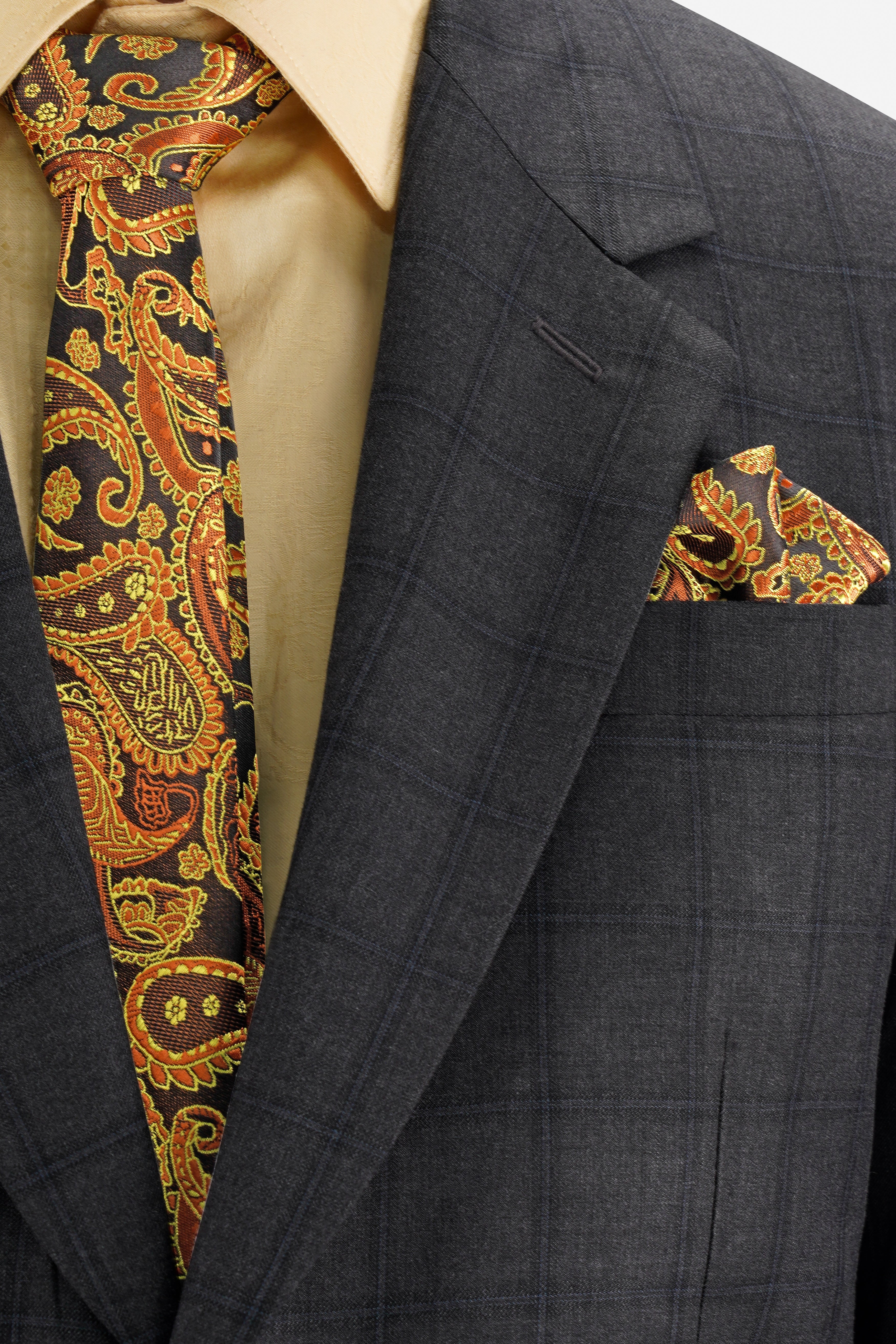 Cadmium Orange with Cafe Noir Brown Paisley Jacquard Tie with Pocket Square  TP054
