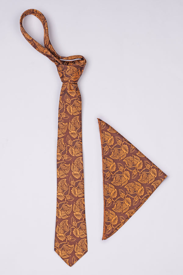 Matrix Brown with Chardonnay Yellow Leaves Textured Jacquard Tie with Pocket Square  TP055
