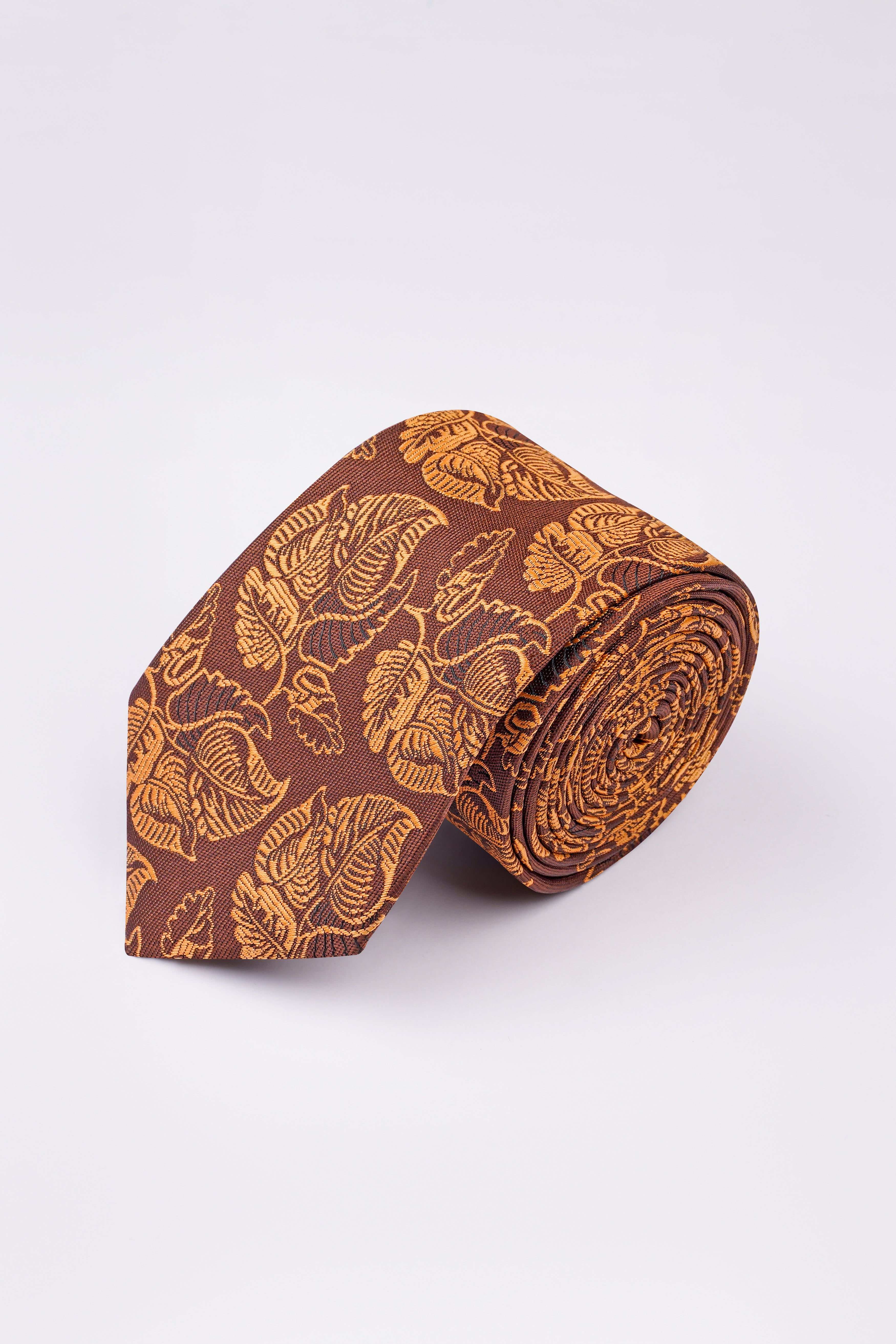 Matrix Brown with Chardonnay Yellow Leaves Textured Jacquard Tie with Pocket Square  TP055