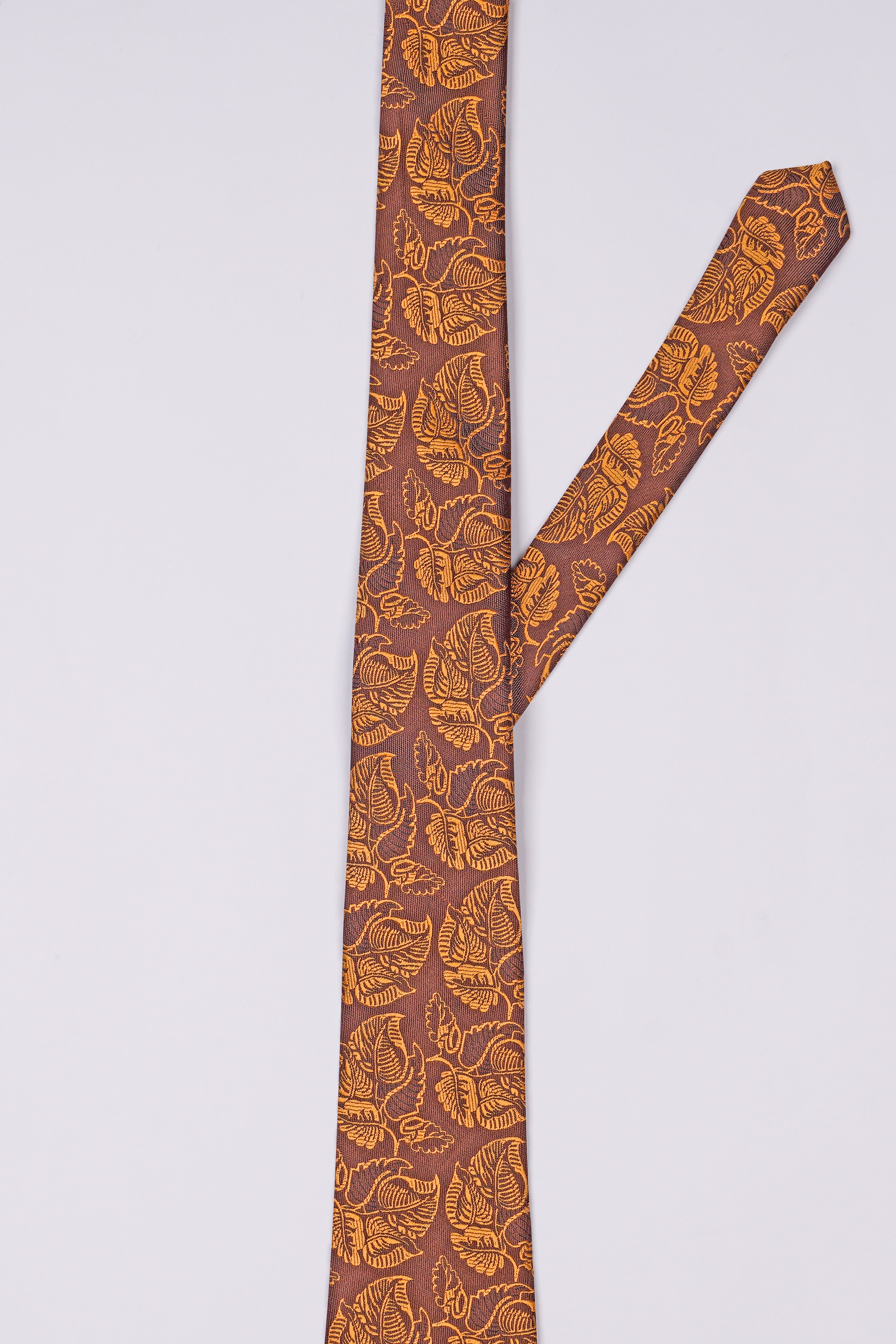 Matrix Brown with Chardonnay Yellow Leaves Textured Jacquard Tie with Pocket Square  TP055