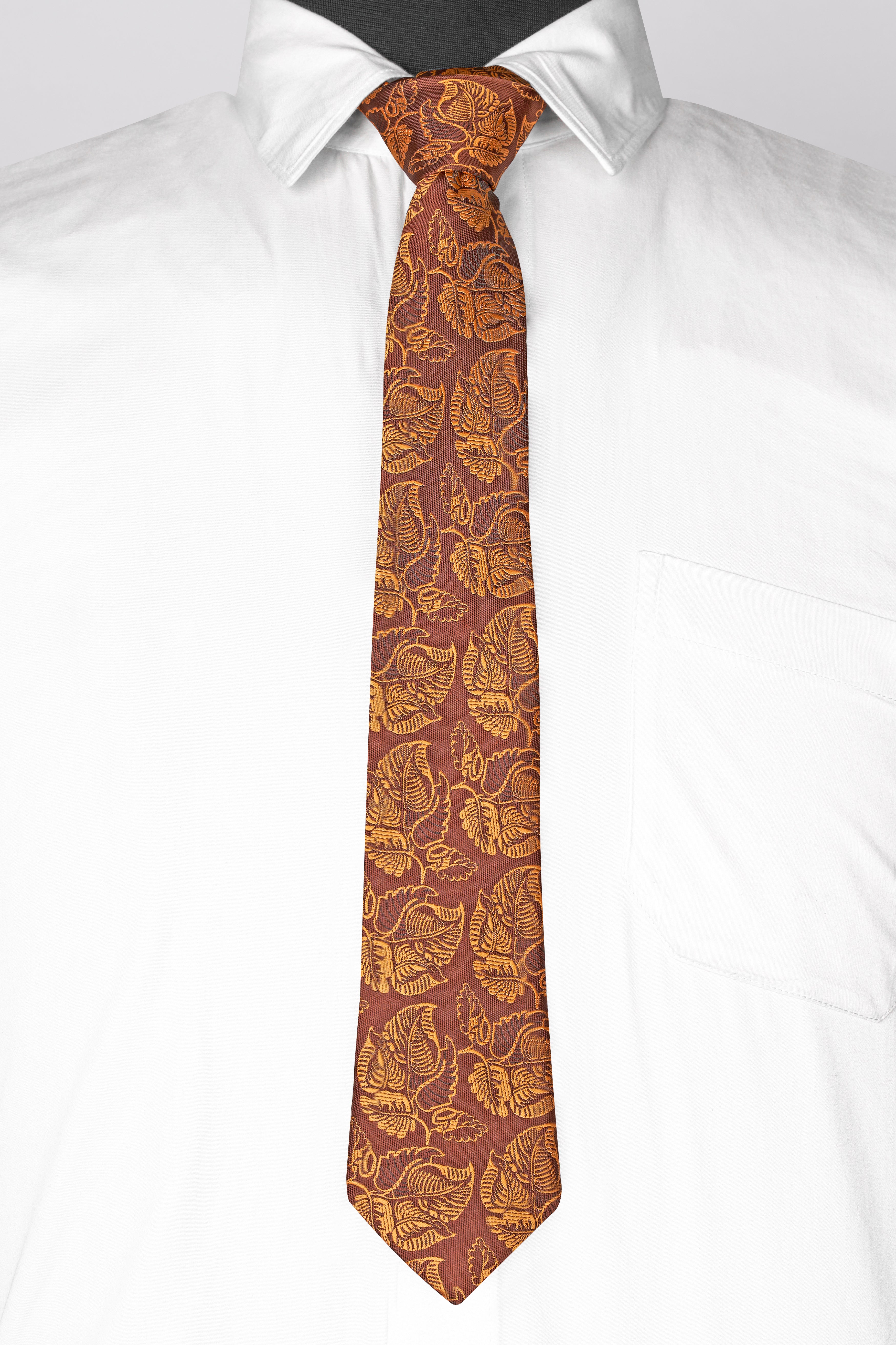 Matrix Brown with Chardonnay Yellow Leaves Textured Jacquard Tie with Pocket Square  TP055