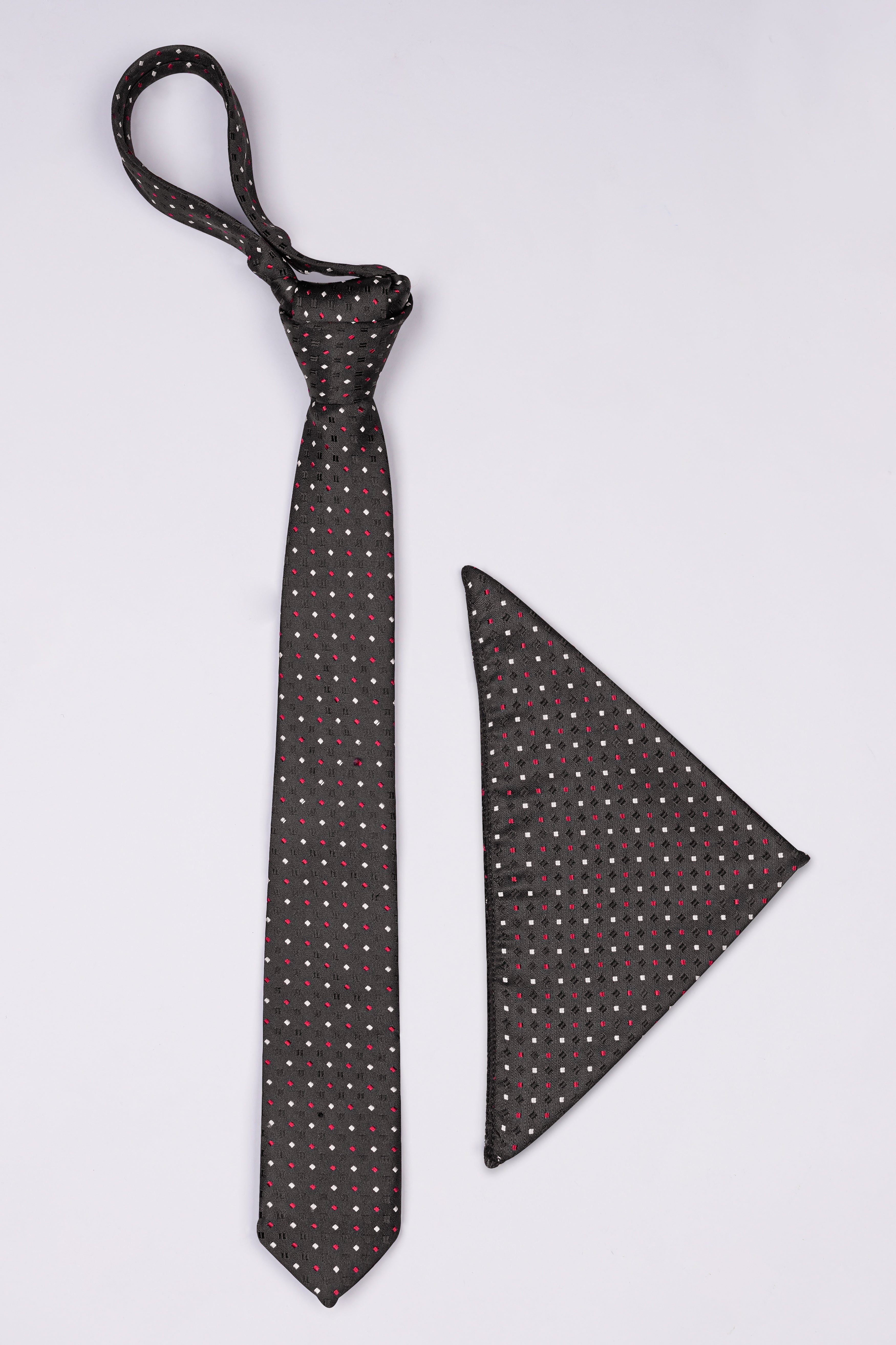 Emperor Dark Gray Multicolour Geometric Textured Jacquard Tie with Pocket Square TP056