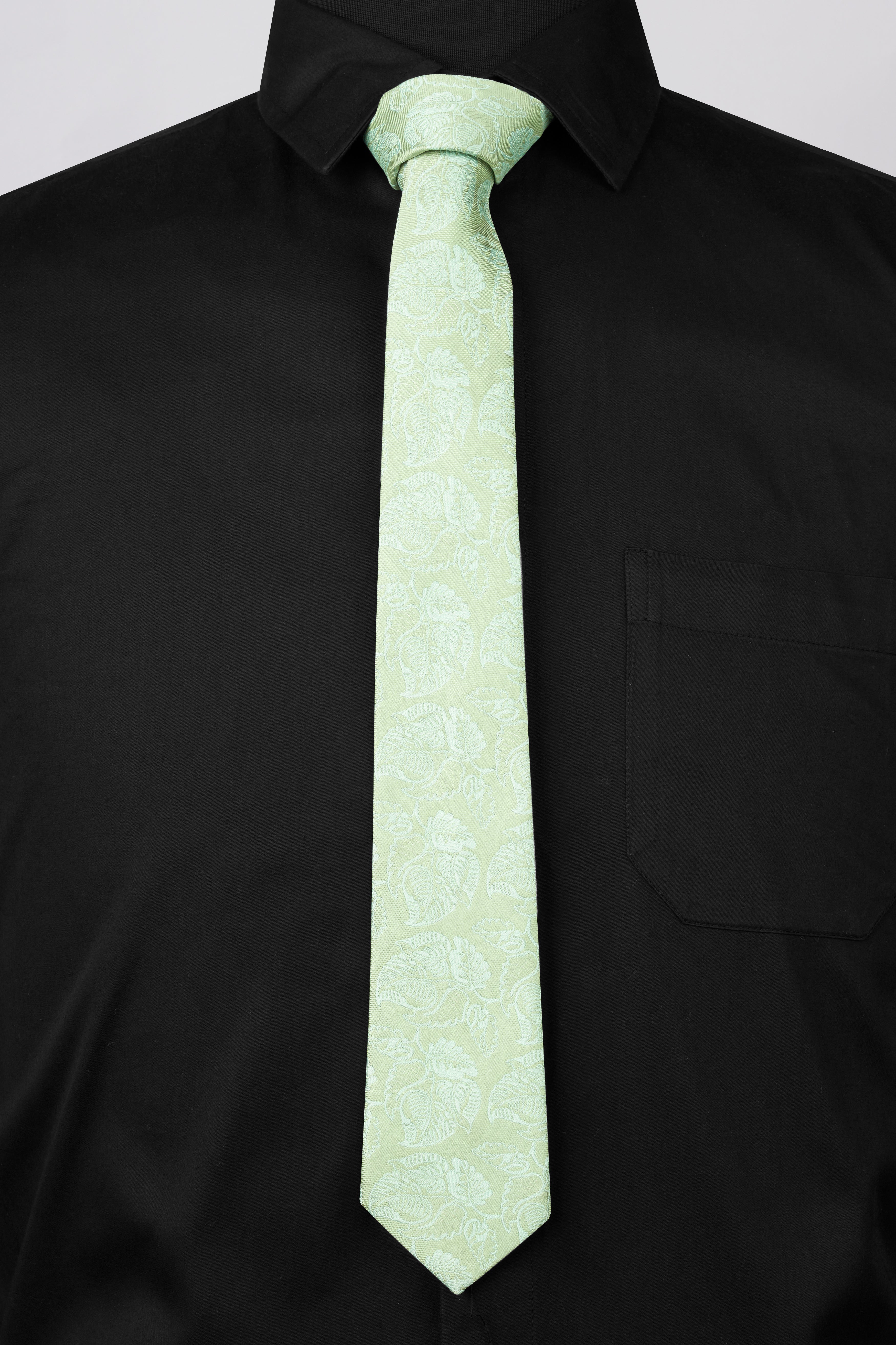 Periglacial Green Leaves Textured Jacquard Tie with Pocket Square  TP057