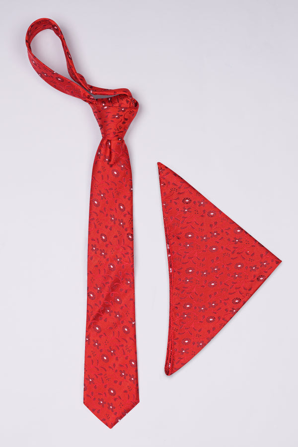 Mahogany Red Jacquard Textured Tie with Pocket Square