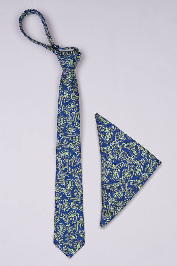 Astronaut Blue with Schist Green Paisley Jacquard Tie with Pocket Square