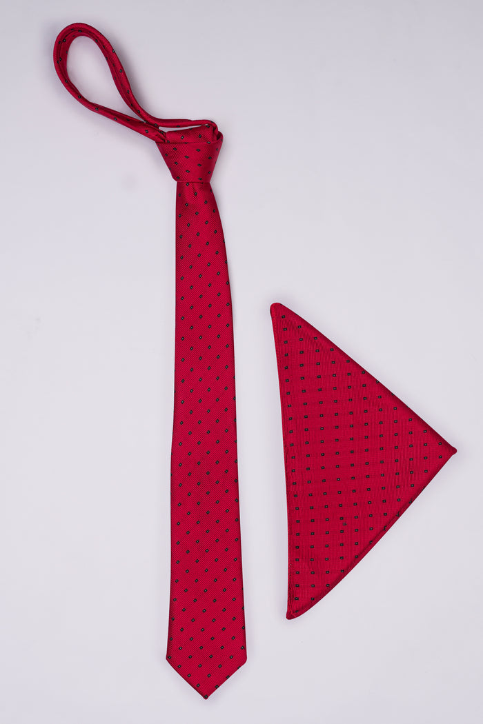 SCARLET RED WITH BLACK JACQUARD TIE WITH POCKET SQUARE