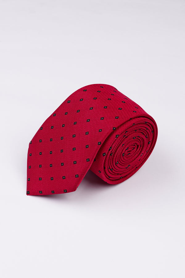 Scarlet Red with Black Jacquard Tie with Pocket Square