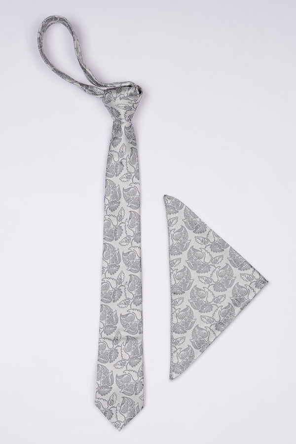 Pale Slate Gray with Mobster Dark Gray Leaves Textured Jacquard Tie with Pocket Square
